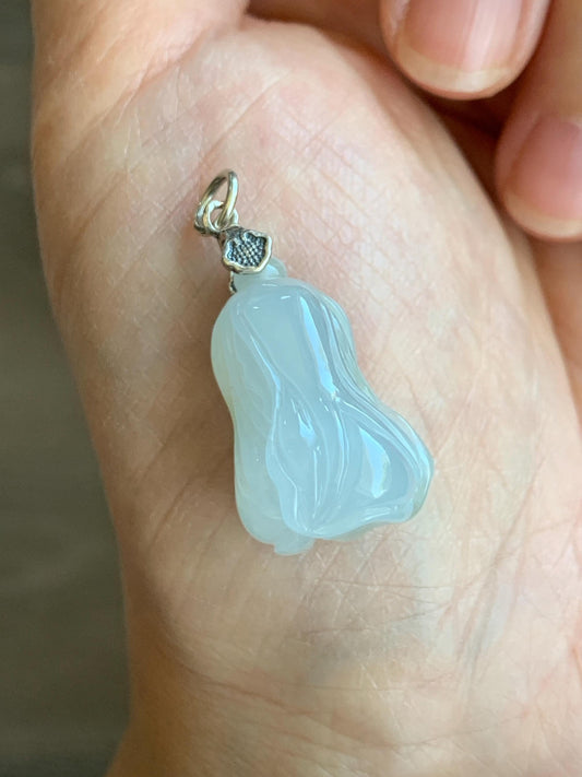 Natural Grade A Icy Translucent Gelatinous White Jade Jadeite Carved Cabbage Pendant Sterling Silver 6g 天然冰胶白冰翡翠白菜吊坠 MBB88