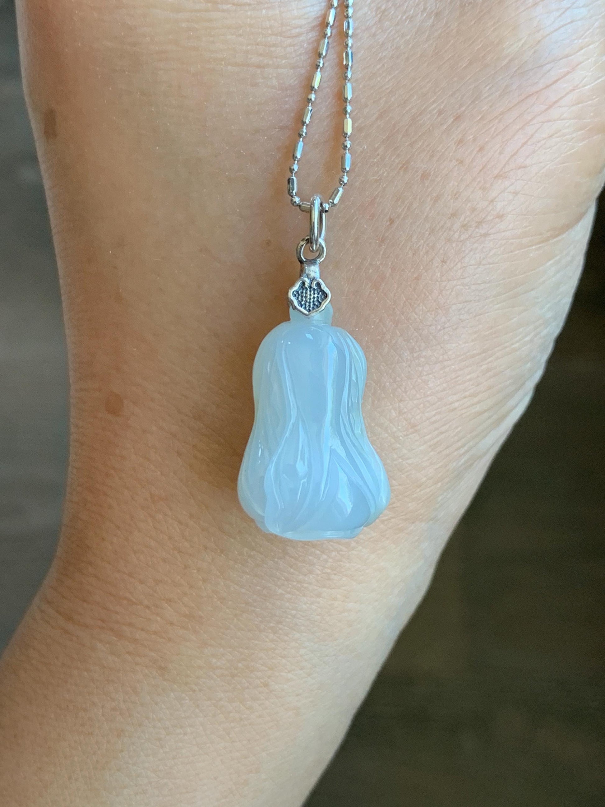 Natural Grade A Icy Translucent Gelatinous White Jade Jadeite Carved Cabbage Pendant Sterling Silver 6g 天然冰胶白冰翡翠白菜吊坠 MBB88