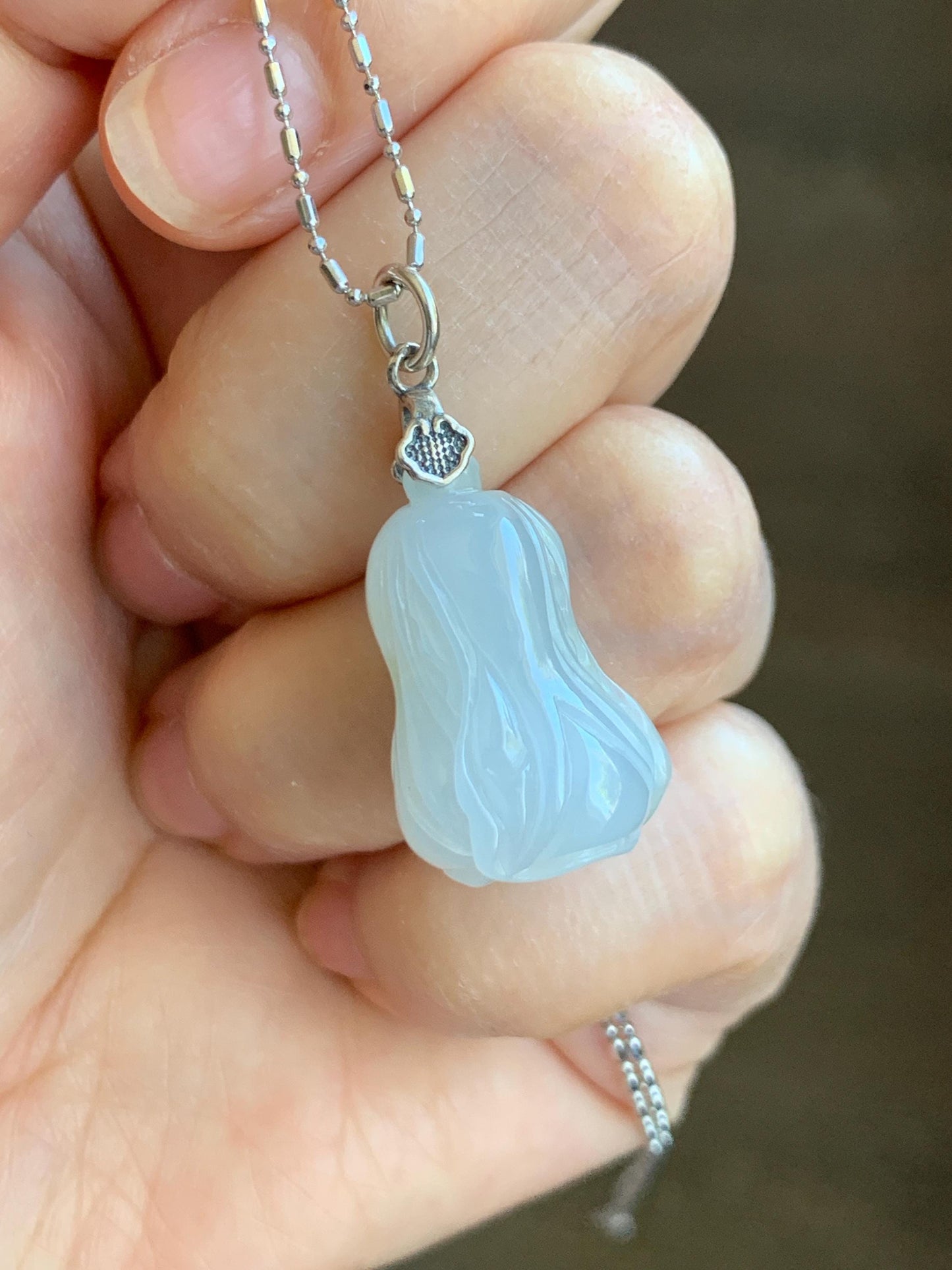 Natural Grade A Icy Translucent Gelatinous White Jade Jadeite Carved Cabbage Pendant Sterling Silver 6g 天然冰胶白冰翡翠白菜吊坠 MBB88