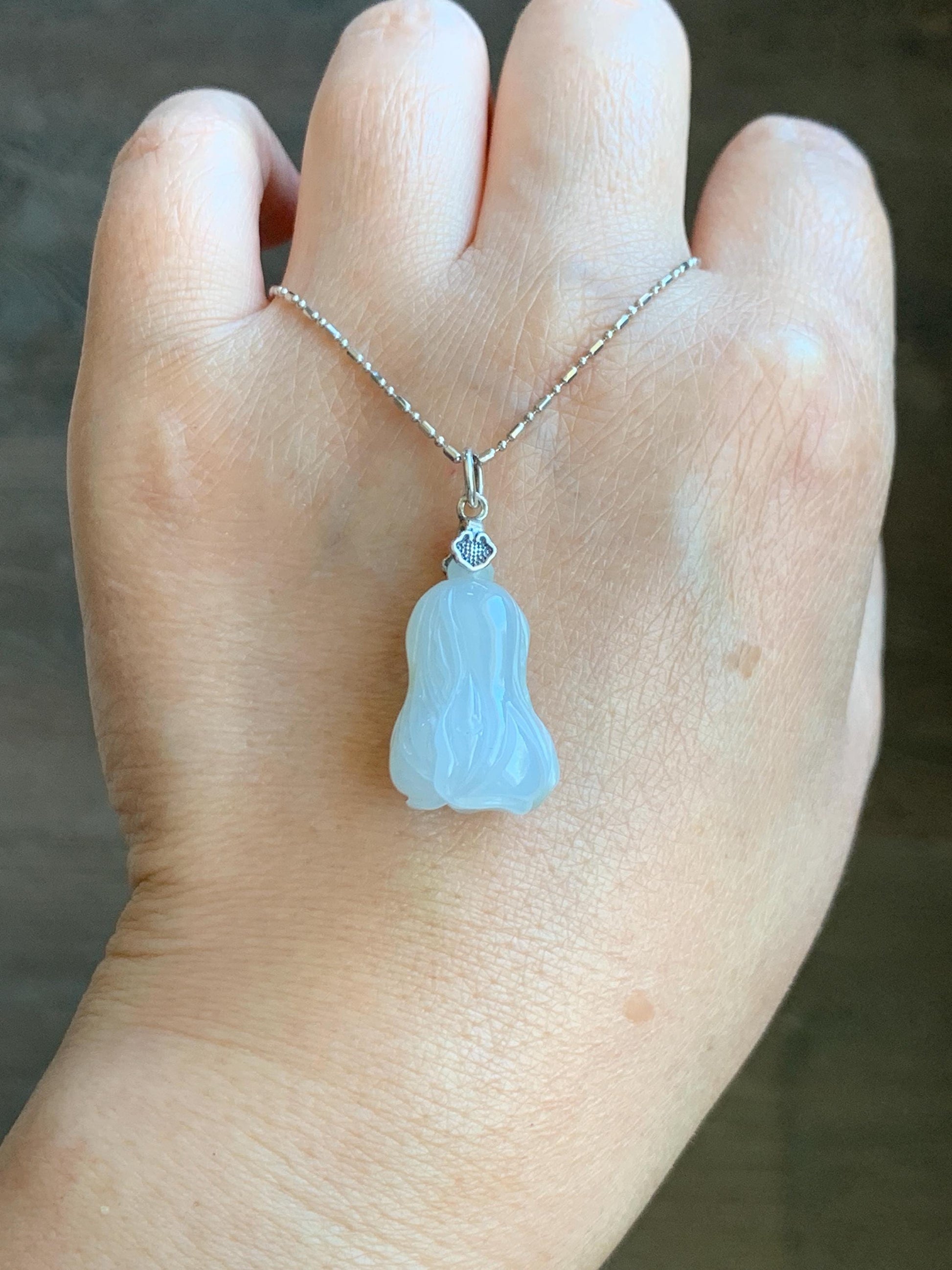Natural Grade A Icy Translucent Gelatinous White Jade Jadeite Carved Cabbage Pendant Sterling Silver 6g 天然冰胶白冰翡翠白菜吊坠 MBB88