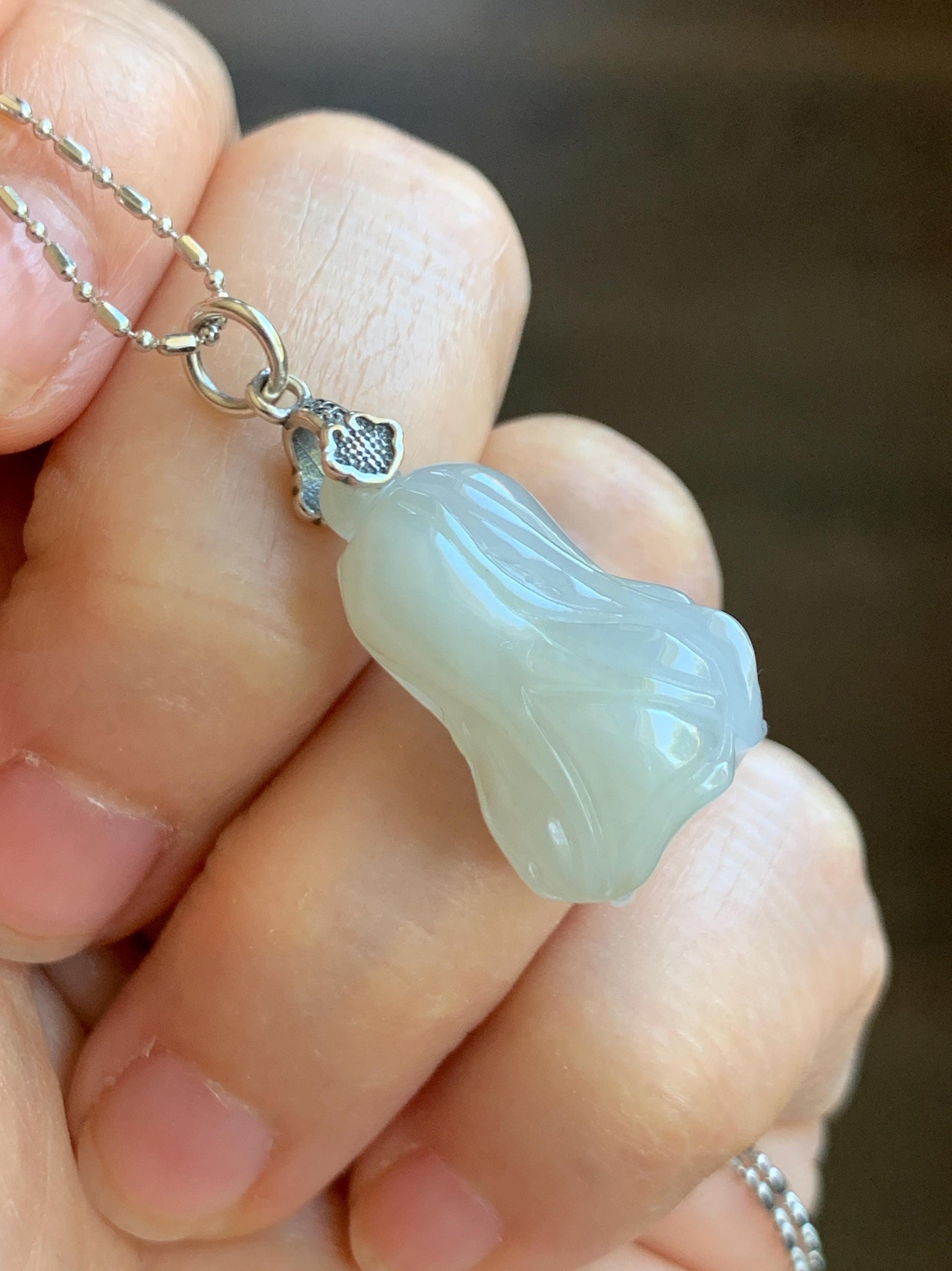 Natural Grade A Icy Translucent Gelatinous White Jade Jadeite Carved Cabbage Pendant Sterling Silver 6g 天然冰胶白冰翡翠白菜吊坠 MBB88