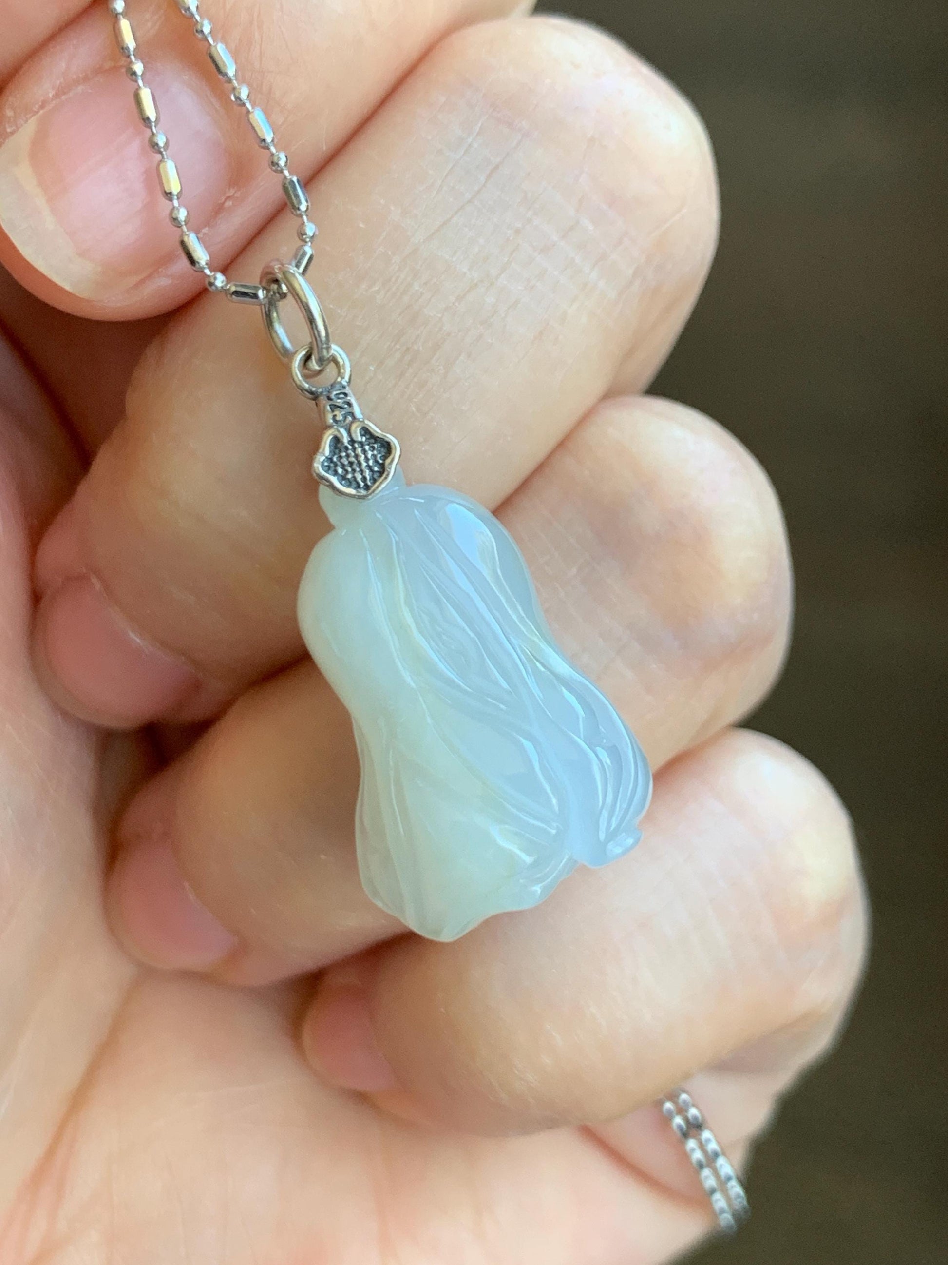 Natural Grade A Icy Translucent Gelatinous White Jade Jadeite Carved Cabbage Pendant Sterling Silver 6g 天然冰胶白冰翡翠白菜吊坠 MBB88