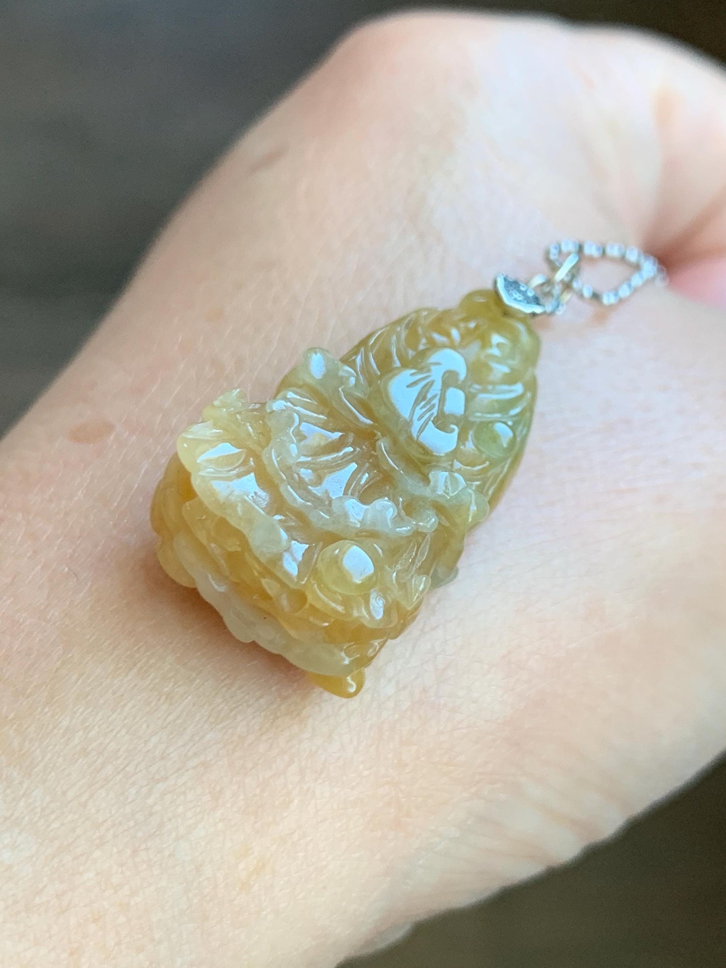 Natural Grade A Icy Translucent Gelatinous Yellow Jade Jadeite Carved Cabbage Pendant Sterling Silver 9g 天然冰胶黄翡翠白菜百财吊坠 MHB132