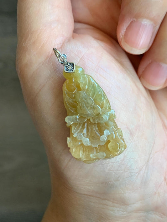 Natural Grade A Icy Translucent Gelatinous Yellow Jade Jadeite Carved Cabbage Pendant Sterling Silver 9g 天然冰胶黄翡翠白菜百财吊坠 MHB132