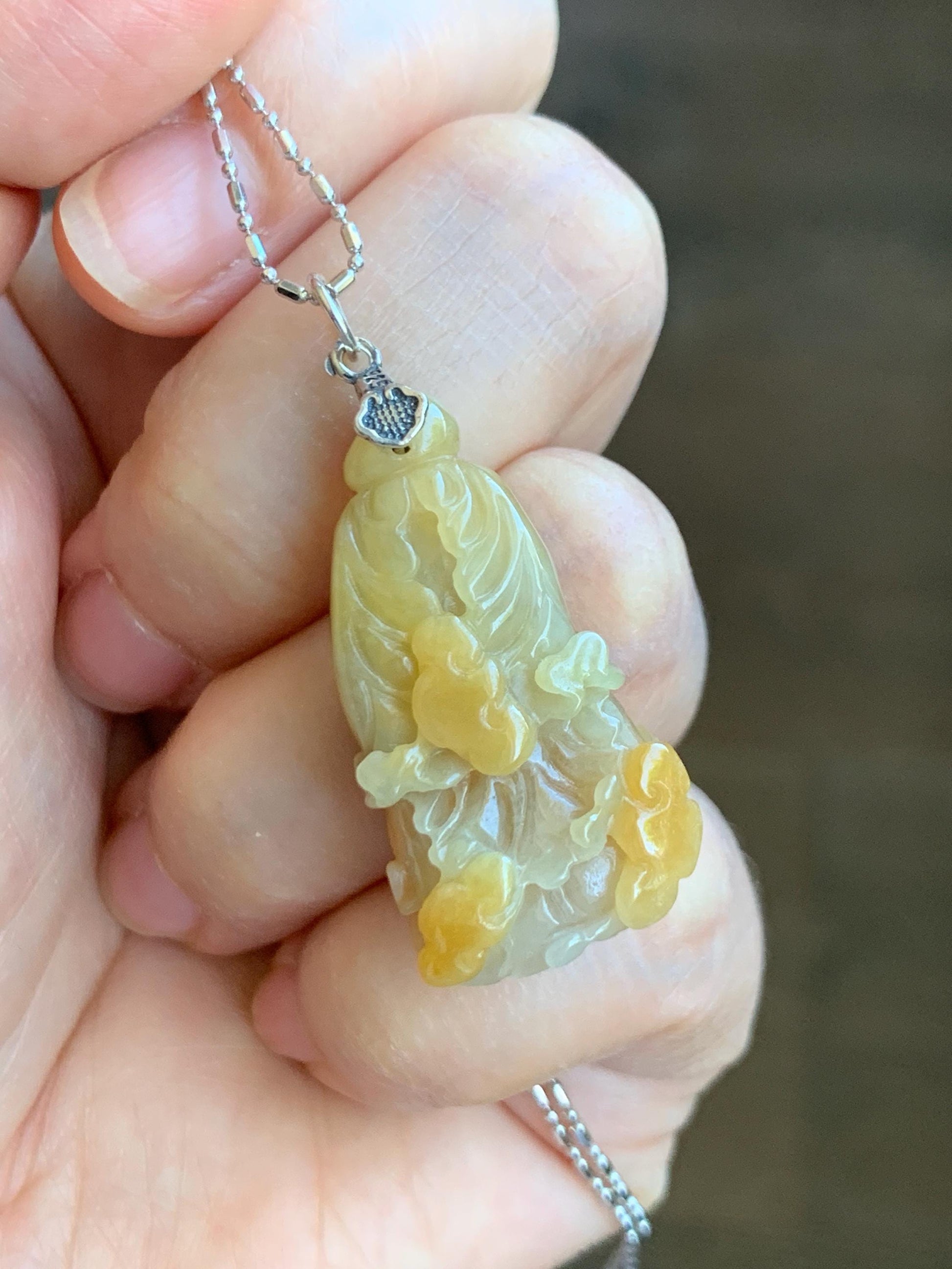 Natural Grade A Icy Translucent Gelatinous Yellow Jade Jadeite Carved Cabbage Pendant Sterling Silver 9g 天然冰胶黄翡翠白菜百财吊坠 MHB132