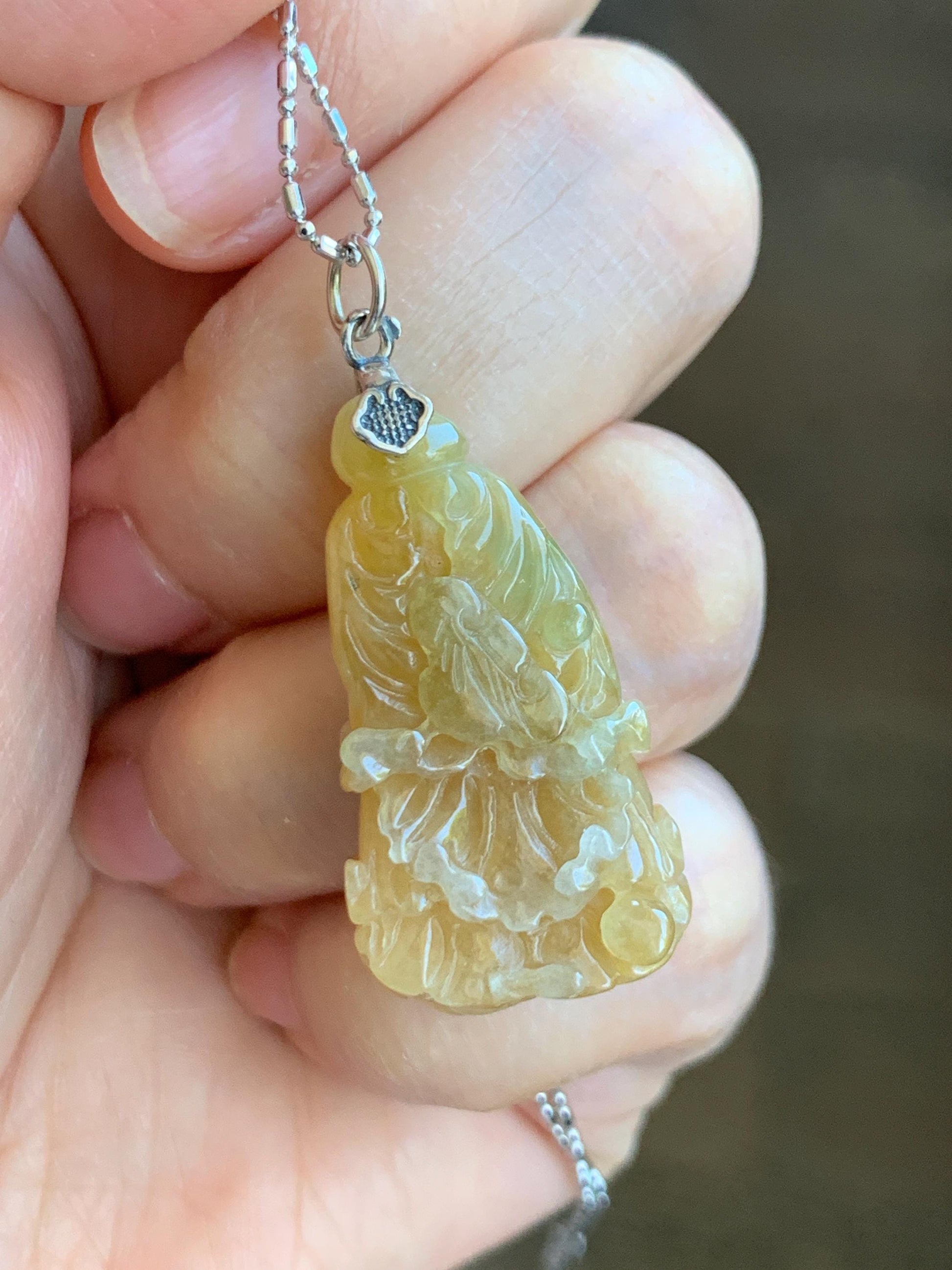 Natural Grade A Icy Translucent Gelatinous Yellow Jade Jadeite Carved Cabbage Pendant Sterling Silver 9g 天然冰胶黄翡翠白菜百财吊坠 MHB132