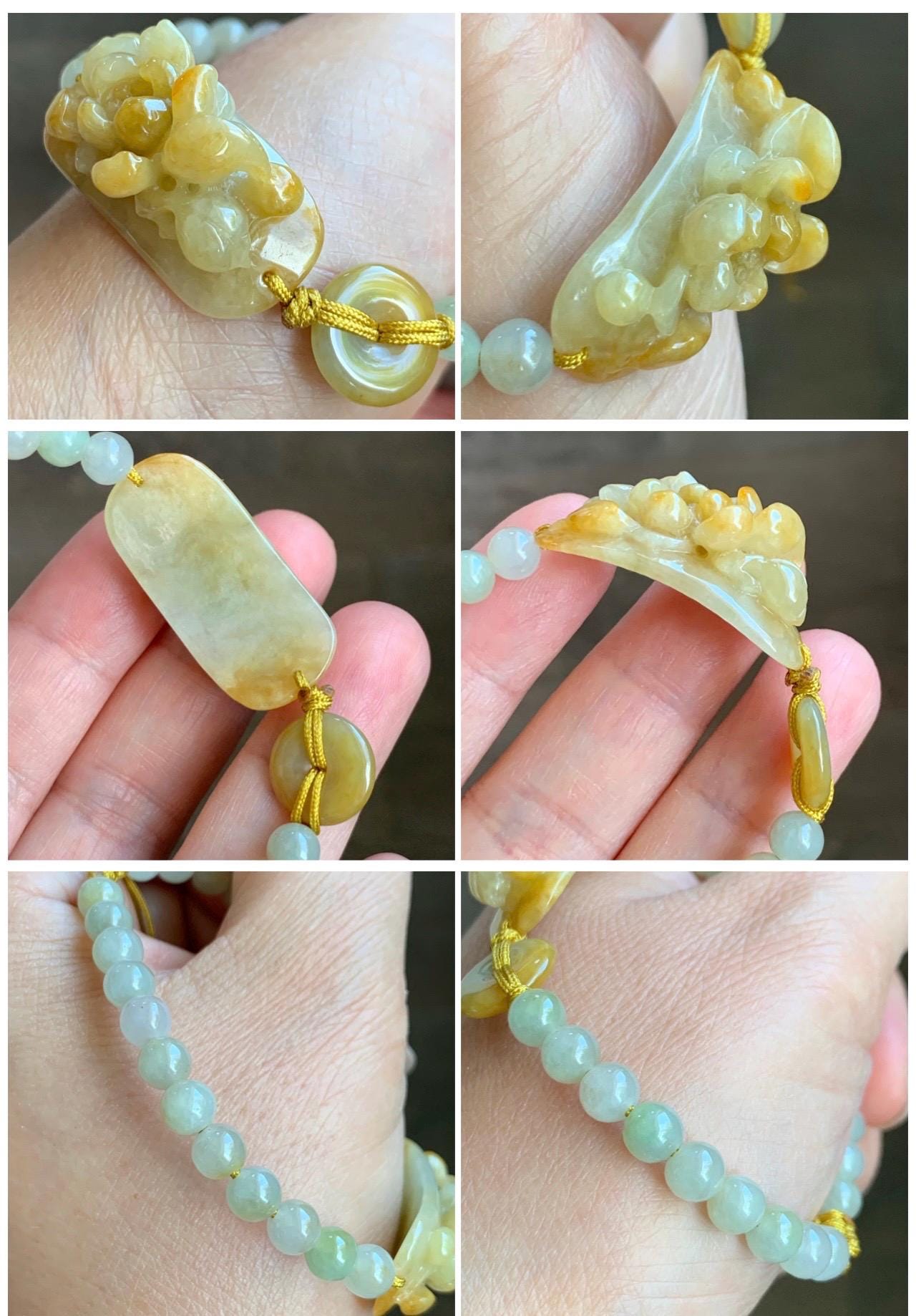 Natural Grade A Icy Translucent Vibrant Yellow Jade Jadeite Carved Lotus Flower Cuff Beaded Bracelet 7” 16g 天然冰黄翡翠莲花圆珠手串 MHL278