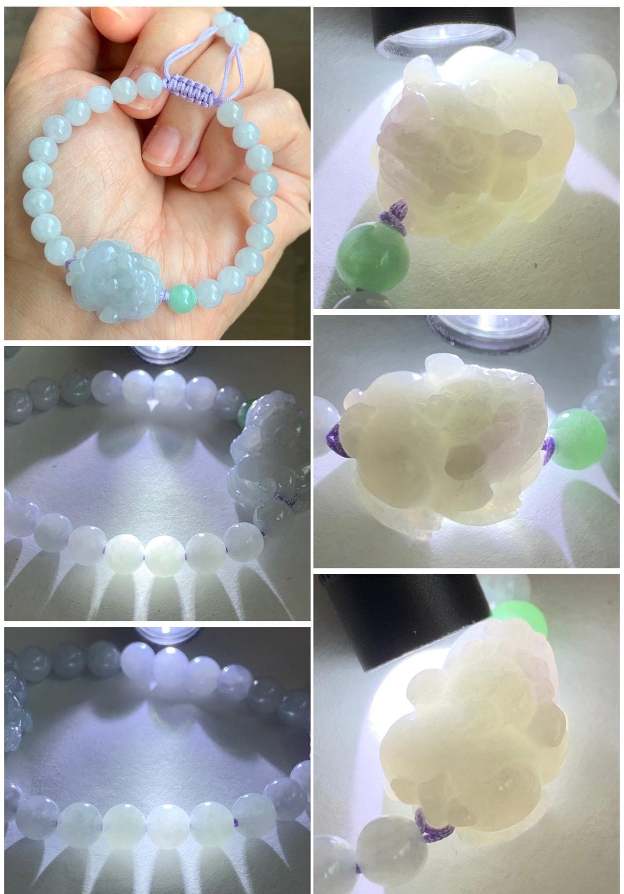 Natural Grade A Icy Translucent Gelatinous Pastel Lavender Wuji Jade Jadeite Carved Pixiu Beaded Bracelet 6mm 6.5” 19g 天然冰淡紫乌鸡翡翠貔貅手串 BZW266