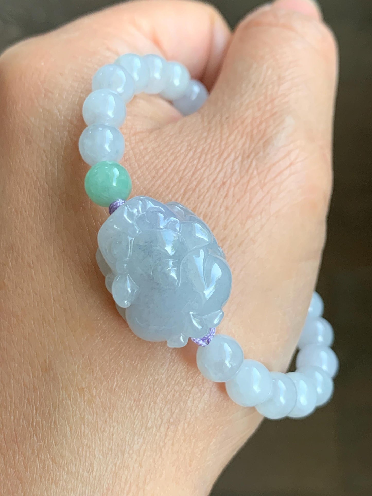Natural Grade A Icy Translucent Gelatinous Pastel Lavender Wuji Jade Jadeite Carved Pixiu Beaded Bracelet 6mm 6.5” 19g 天然冰淡紫乌鸡翡翠貔貅手串 BZW266
