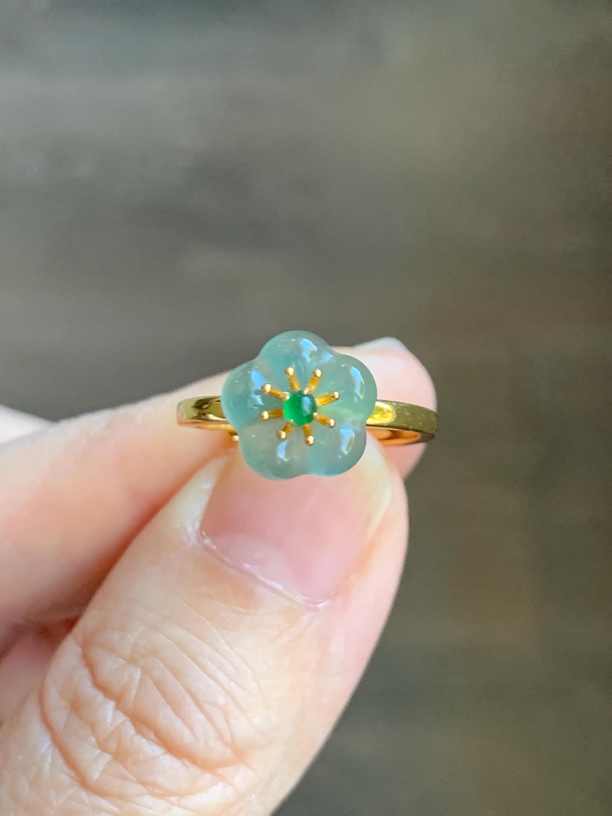Natural Grade A Guatemalan Icy Translucent Light Teal Jade Jadeite Cherry Blossom Ring Sterling Silver Size Adjustable 天然冰危蓝翡翠梅花银镶戒指 WXMH66D