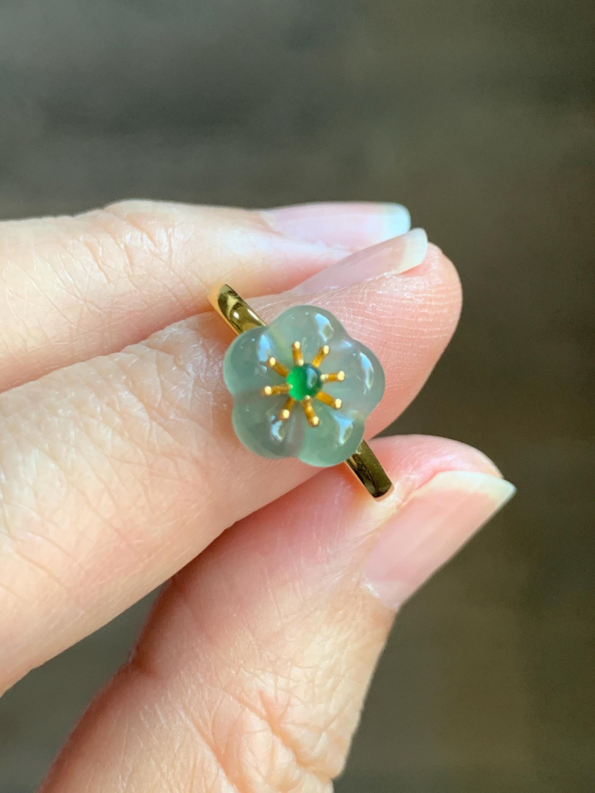Natural Grade A Guatemalan Icy Translucent Light Teal Jade Jadeite Cherry Blossom Ring Sterling Silver Size Adjustable 天然冰危蓝翡翠梅花银镶戒指 WXMH66D