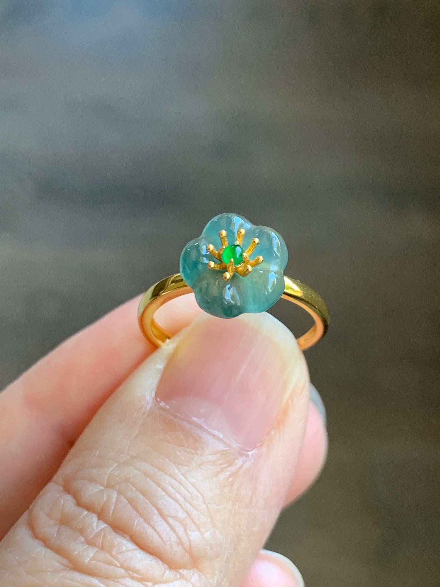 Natural Grade A Guatemalan Icy Translucent Teal Jade Jadeite Cherry Blossom Ring Sterling Silver Size Adjustable 天然冰危蓝翡翠梅花银镶戒指 WXMH66E