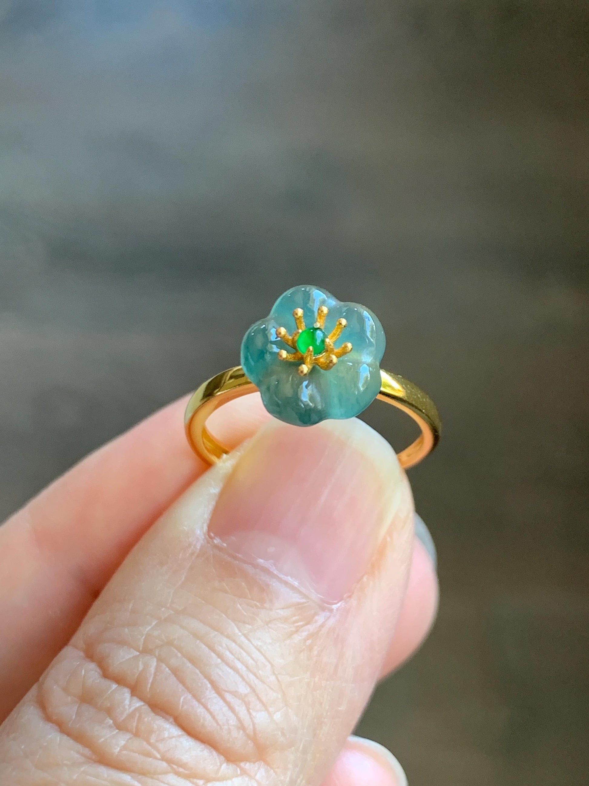 Natural Grade A Guatemalan Icy Translucent Teal Jade Jadeite Cherry Blossom Ring Sterling Silver Size Adjustable 天然冰危蓝翡翠梅花银镶戒指 WXMH66E