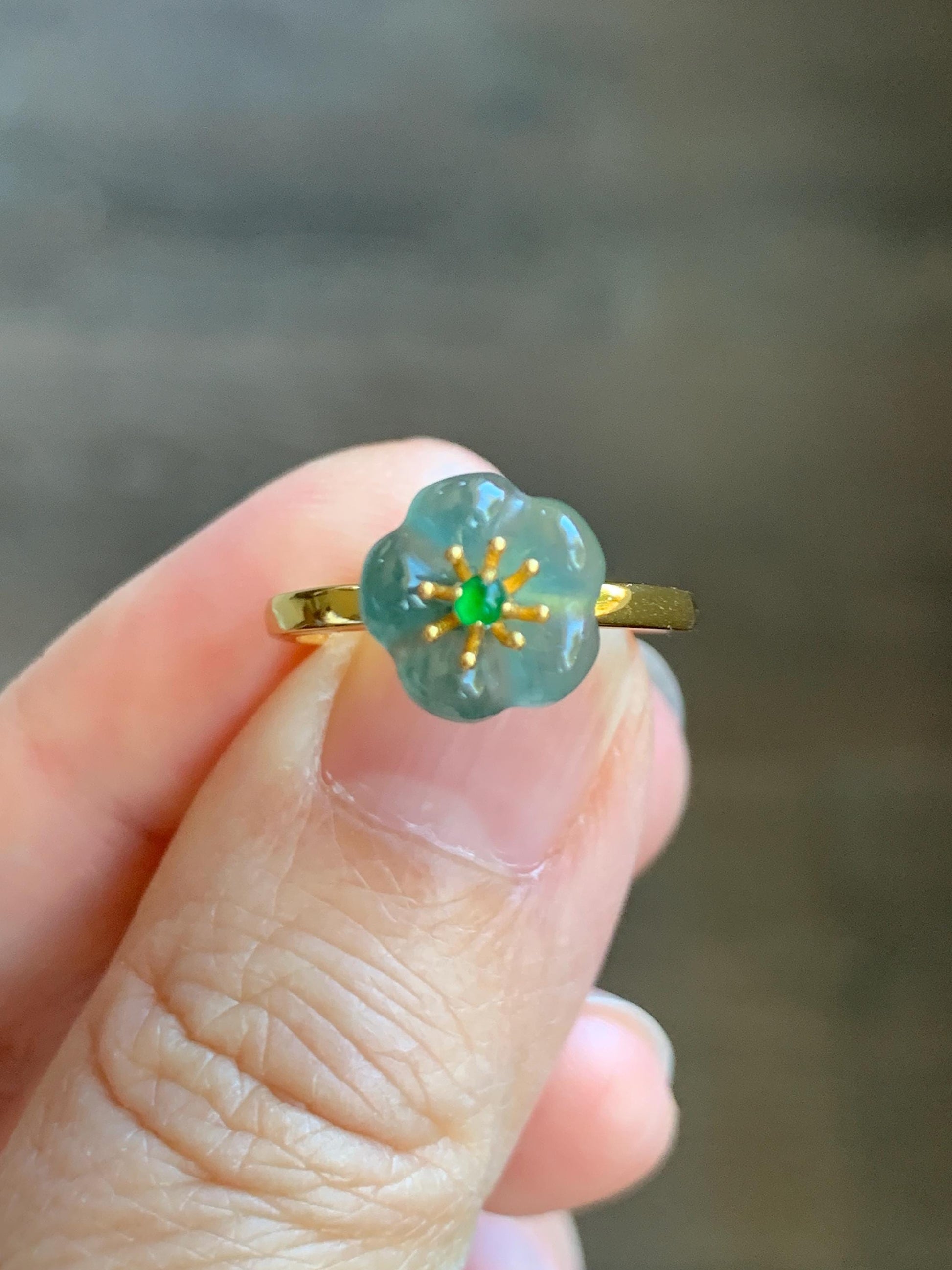 Natural Grade A Guatemalan Icy Translucent Teal Jade Jadeite Cherry Blossom Ring Sterling Silver Size Adjustable 天然冰危蓝翡翠梅花银镶戒指 WXMH66E