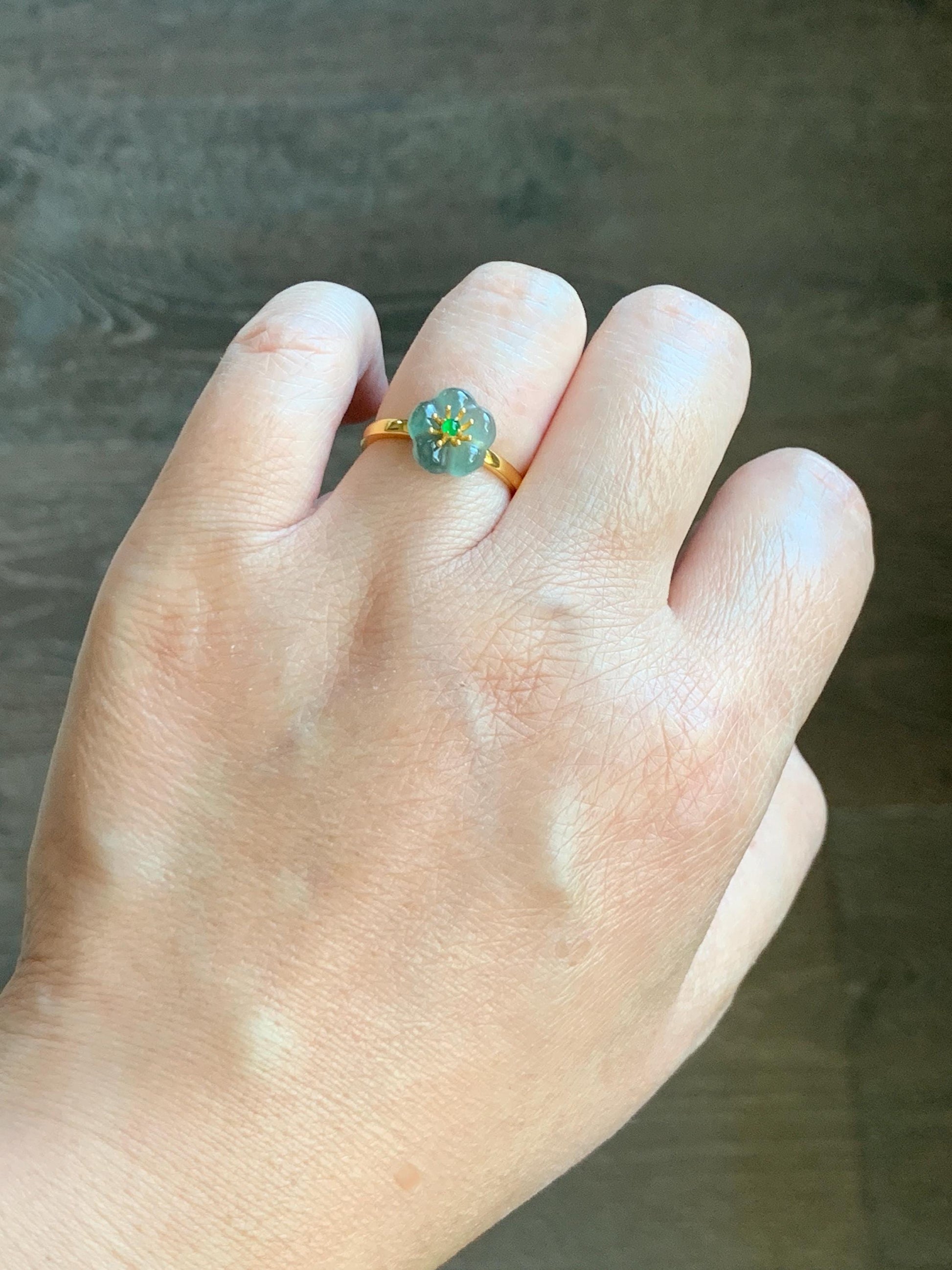 Natural Grade A Guatemalan Icy Translucent Teal Jade Jadeite Cherry Blossom Ring Sterling Silver Size Adjustable 天然冰危蓝翡翠梅花银镶戒指 WXMH66E