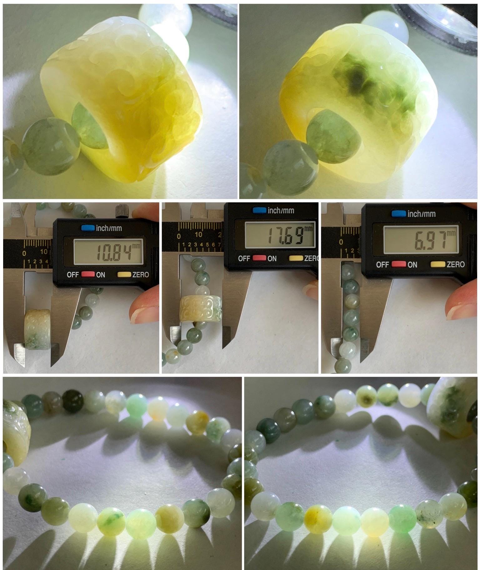Natural Grade A Icy Translucent Multicolored Jade Jadeite Beaded Bracelet w/ Engraved Band Ring Charm 6.75” 20g 天然冰多宝翡翠珠手串仿古雕黄加绿跑环 MDBP219