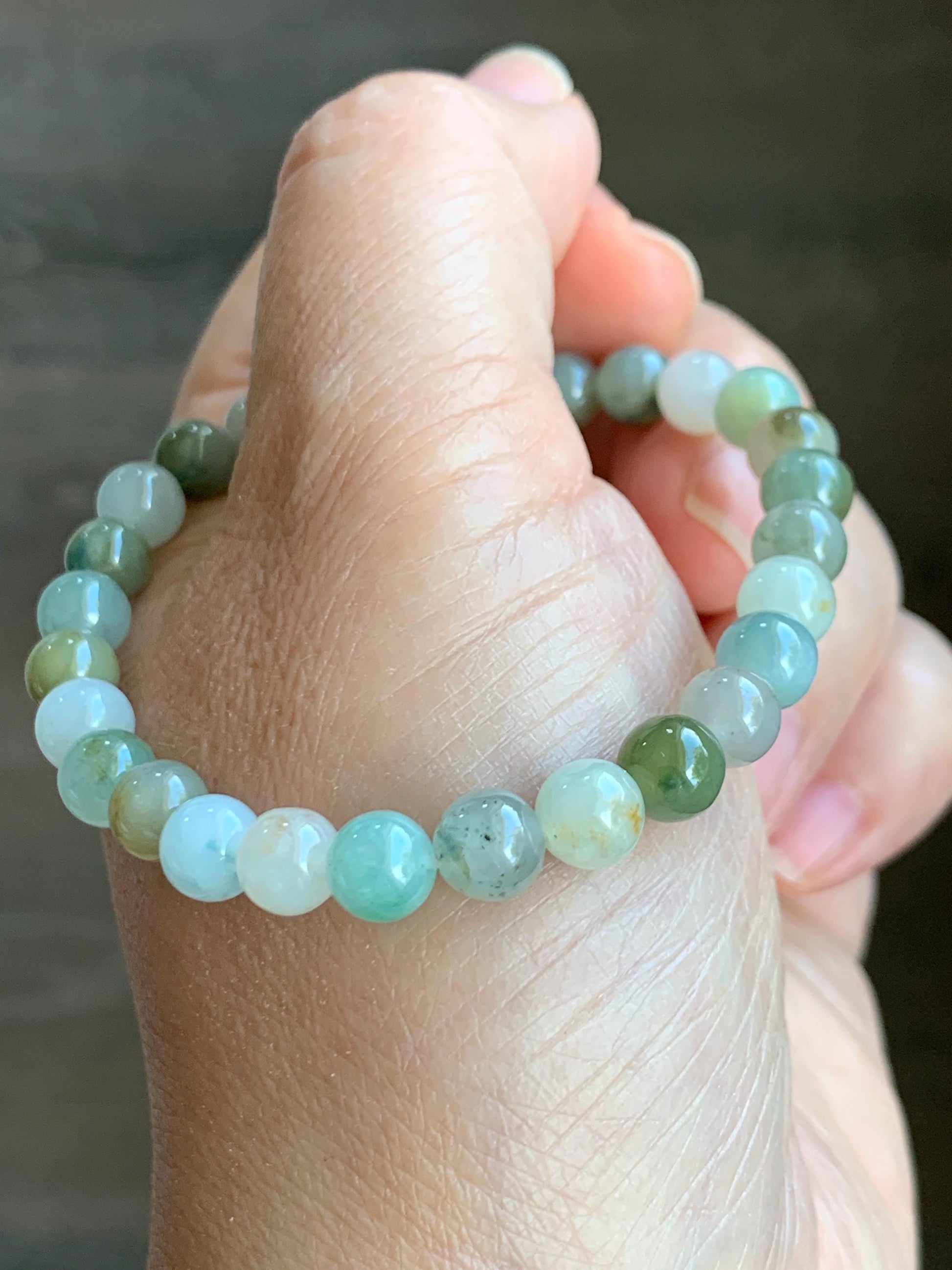 Natural Grade A Icy Translucent Multicolored Jade Jadeite Beaded Bracelet w/ Engraved Band Ring Charm 6.75” 20g 天然冰多宝翡翠珠手串仿古雕黄加绿跑环 MDBP219