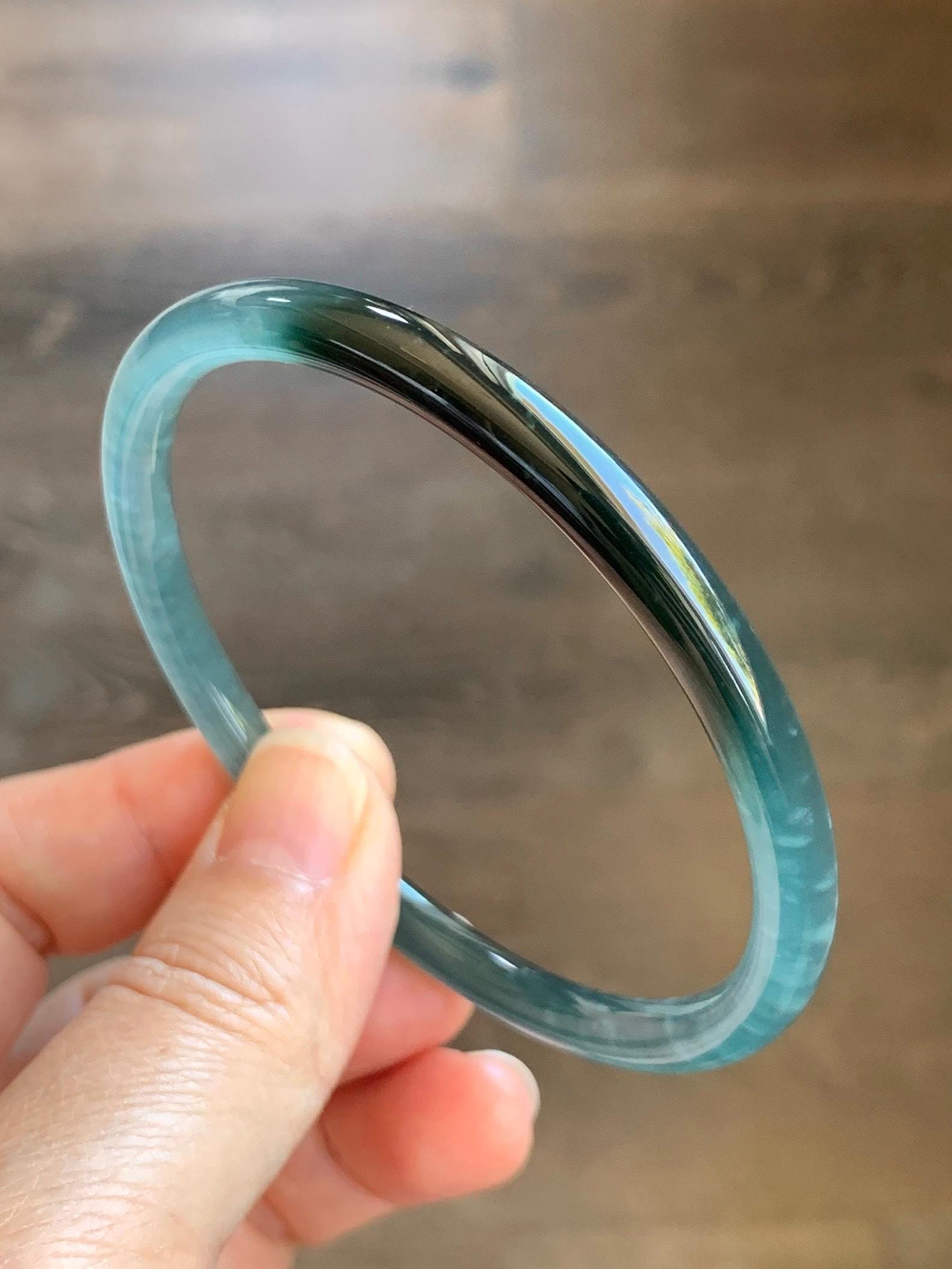 Certified Natural Grade A Guatemalan Icy Highly Translucent Dark Teal Green Marbled Jade Jadeite Bangle 61.37mm 7.58” 天然冰胶危深蓝绿翡翠细圆条手镯 8762