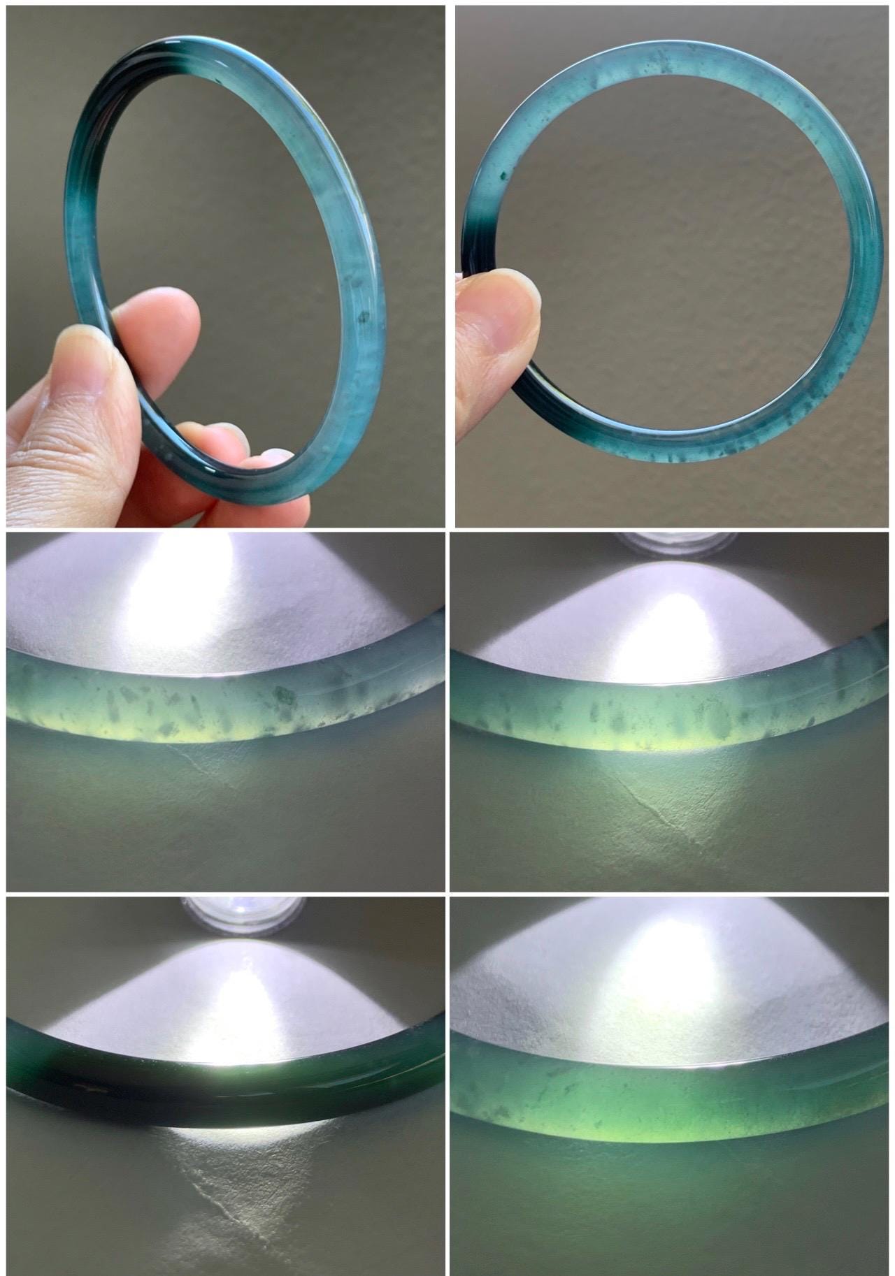 Certified Natural Grade A Guatemalan Icy Highly Translucent Dark Teal Green Marbled Jade Jadeite Bangle 61.37mm 7.58” 天然冰胶危深蓝绿翡翠细圆条手镯 8762