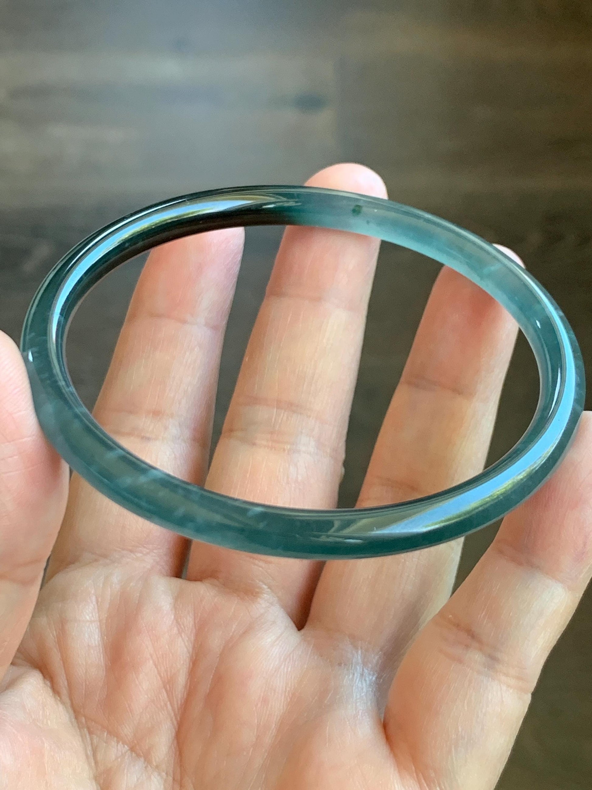 Certified Natural Grade A Guatemalan Icy Highly Translucent Dark Teal Green Marbled Jade Jadeite Bangle 61.37mm 7.58” 天然冰胶危深蓝绿翡翠细圆条手镯 8762