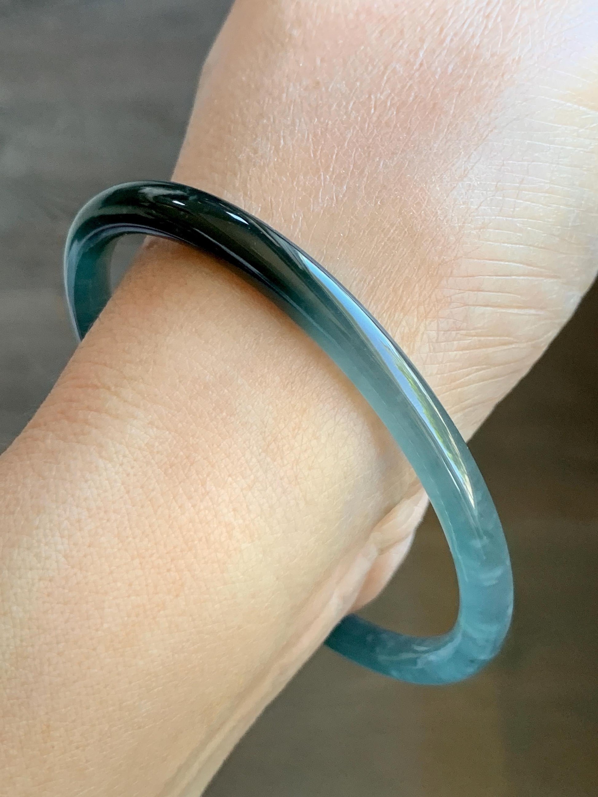 Certified Natural Grade A Guatemalan Icy Highly Translucent Dark Teal Green Marbled Jade Jadeite Bangle 61.37mm 7.58” 天然冰胶危深蓝绿翡翠细圆条手镯 8762