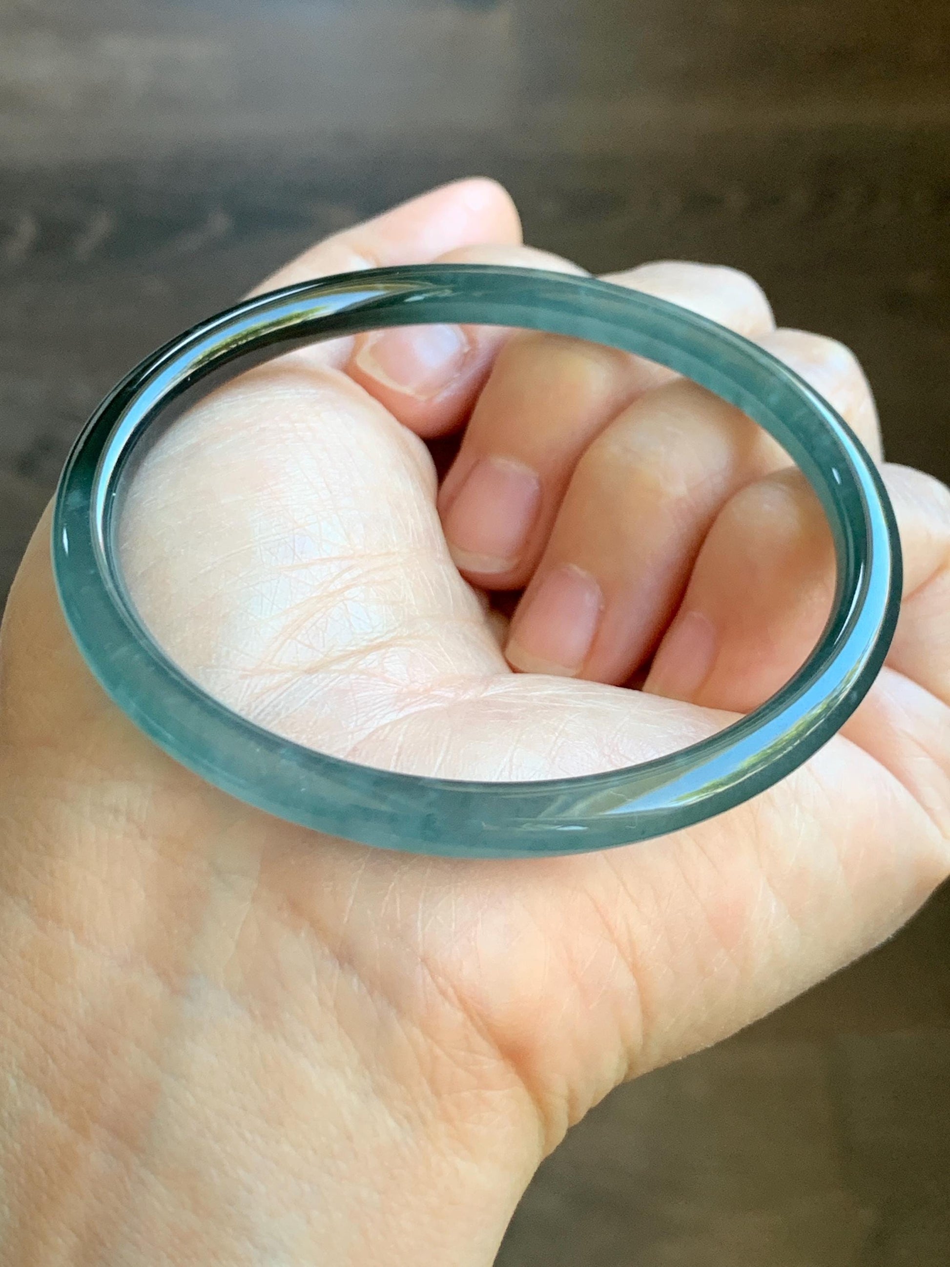Certified Natural Grade A Guatemalan Icy Highly Translucent Dark Teal Green Marbled Jade Jadeite Bangle 61.37mm 7.58” 天然冰胶危深蓝绿翡翠细圆条手镯 8762