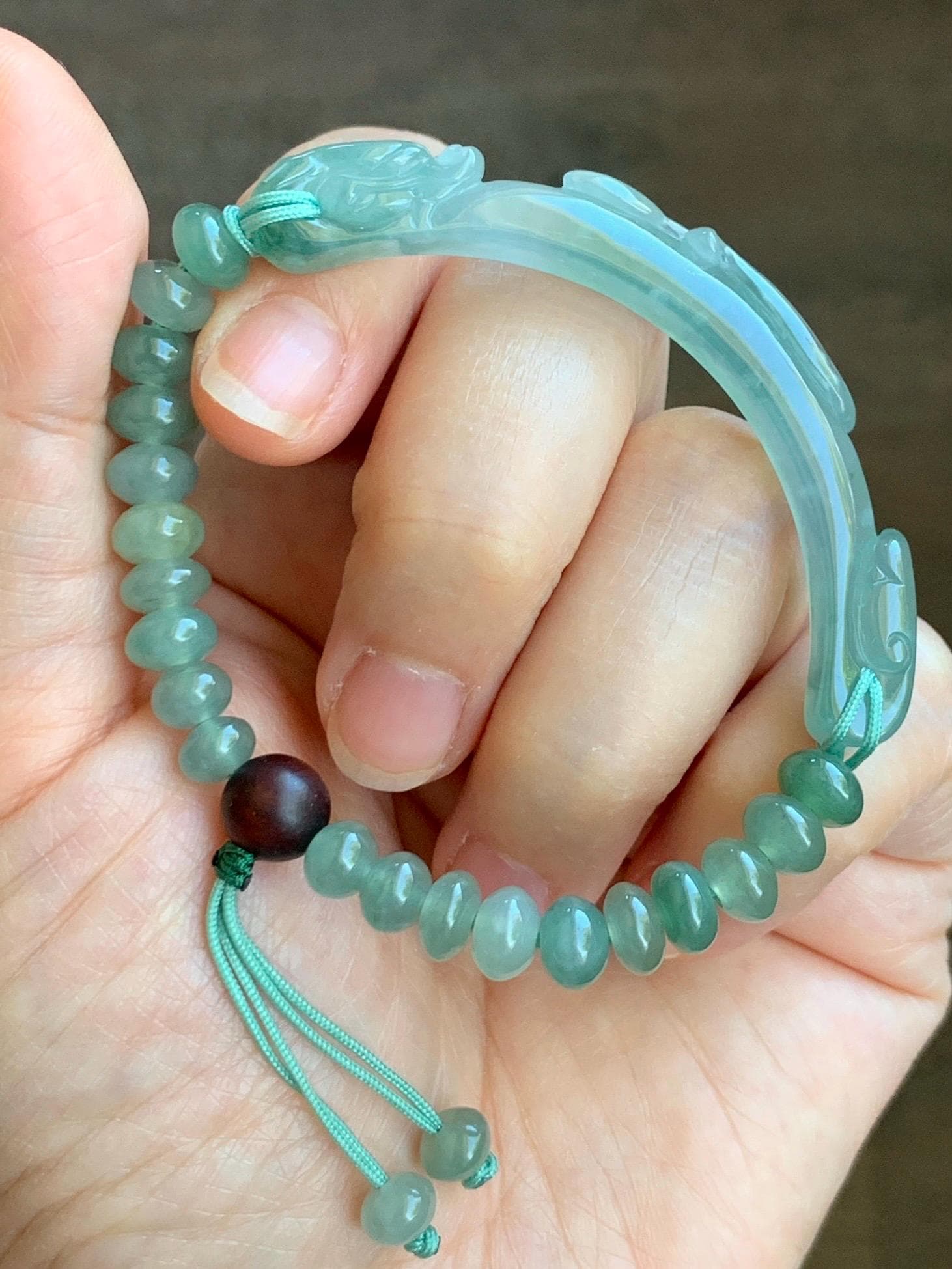 Certified Natural Grade A Guatemalan Icy Highly Translucent Light Teal Jade Jadeite Dragon Hook Cuff Beaded Bracelet 7" 17g 天然高冰危龙钩手牌手串 9465