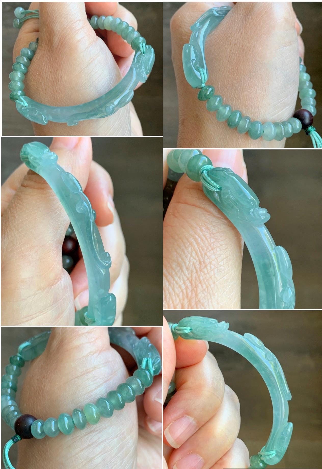 Certified Natural Grade A Guatemalan Icy Highly Translucent Light Teal Jade Jadeite Dragon Hook Cuff Beaded Bracelet 7" 17g 天然高冰危龙钩手牌手串 9465