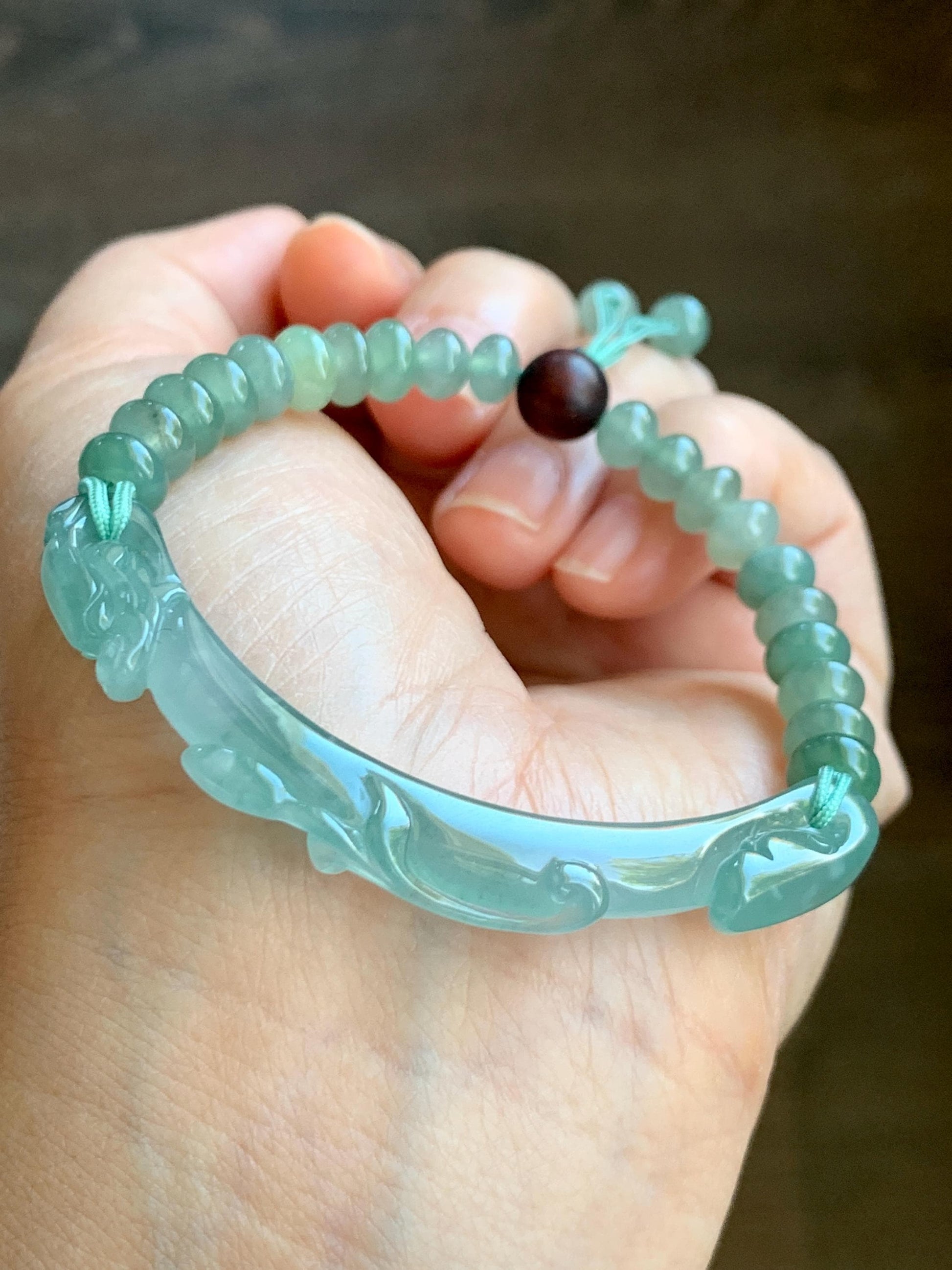 Certified Natural Grade A Guatemalan Icy Highly Translucent Light Teal Jade Jadeite Dragon Hook Cuff Beaded Bracelet 7" 17g 天然高冰危龙钩手牌手串 9465