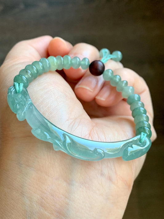 Certified Natural Grade A Guatemalan Icy Highly Translucent Light Teal Jade Jadeite Dragon Hook Cuff Beaded Bracelet 7" 17g 天然高冰危龙钩手牌手串 9465