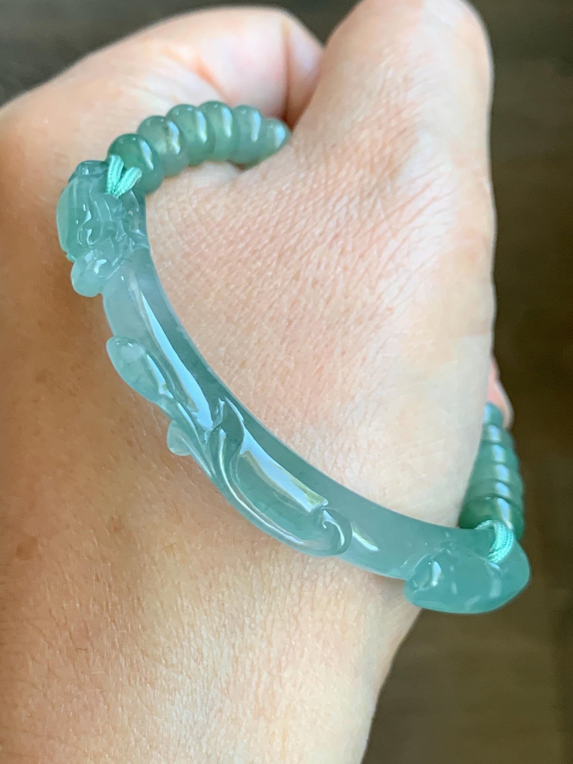 Certified Natural Grade A Guatemalan Icy Highly Translucent Light Teal Jade Jadeite Dragon Hook Cuff Beaded Bracelet 7" 17g 天然高冰危龙钩手牌手串 9465