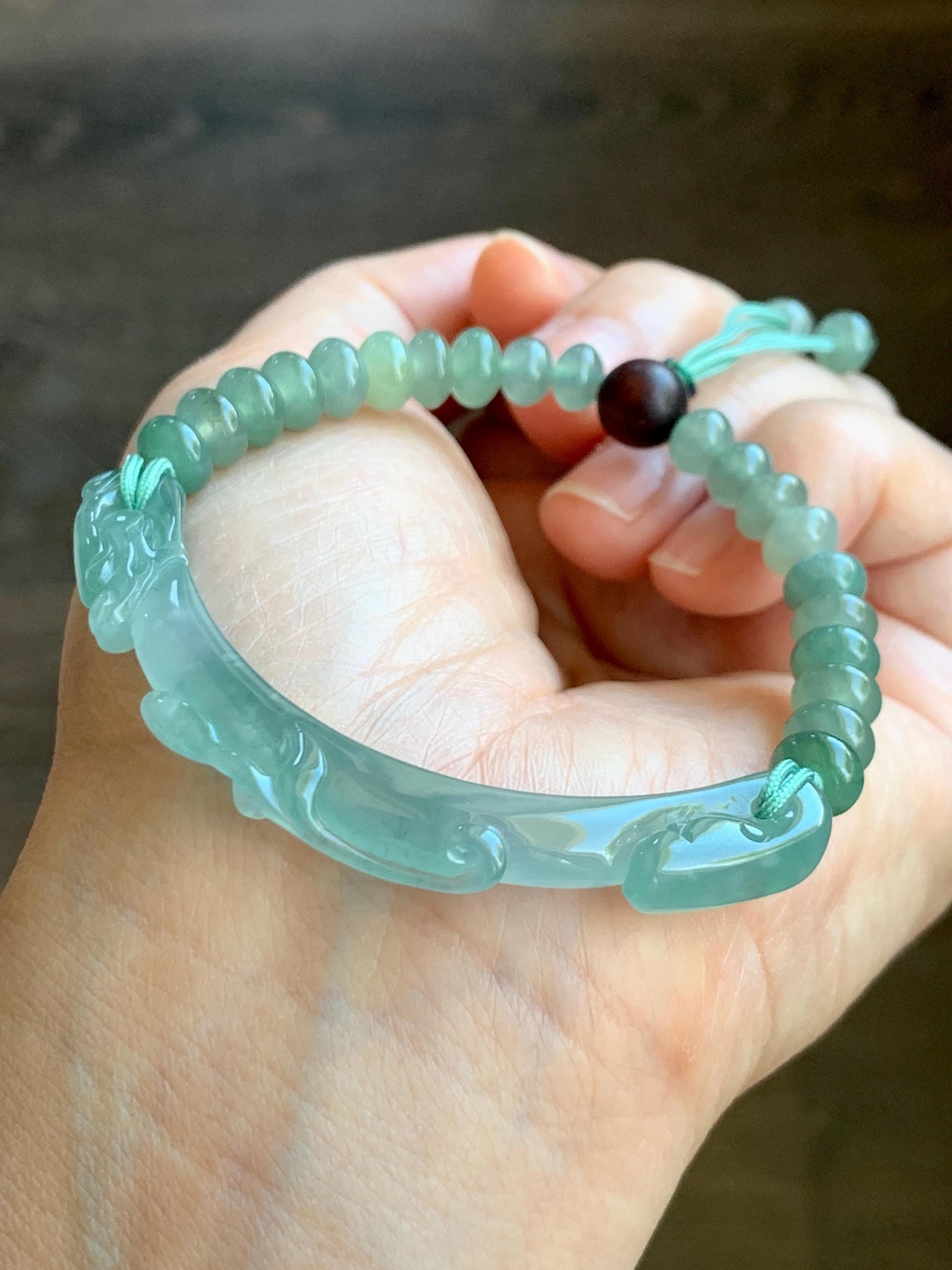 Certified Natural Grade A Guatemalan Icy Highly Translucent Light Teal Jade Jadeite Dragon Hook Cuff Beaded Bracelet 7" 17g 天然高冰危龙钩手牌手串 9465