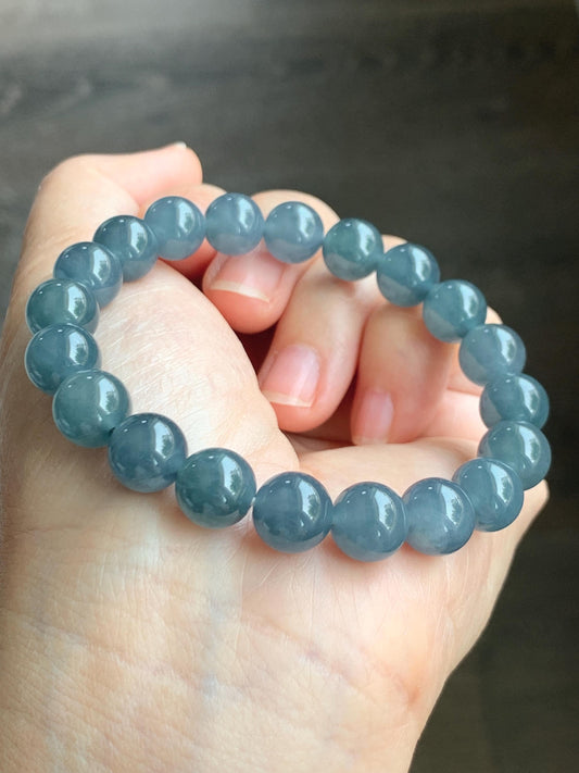 Certified Natural Grade A Icy Translucent Gelatinous Dusty Blueberry Jade Jadeite Beaded Bracelet 9.7mm 7.25” 31.36g 天然冰胶危蓝莓紫翡翠圆珠手串 8750