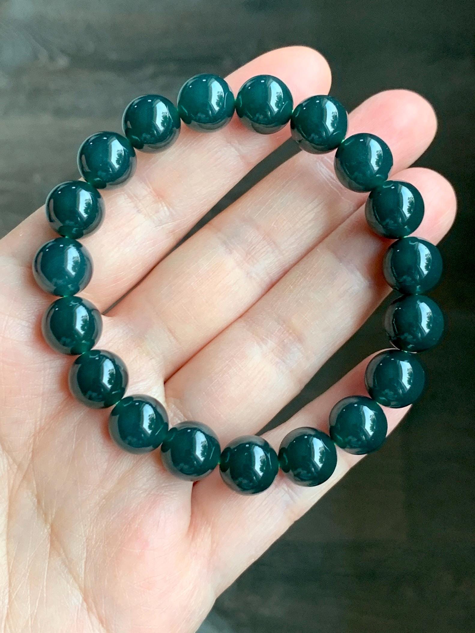 Natural Grade A Guatemalan Icy Translucent Dark Teal Blue Jade Jadeite Beaded Bracelet Stretchy 10mm 7” 32g 天然冰危深蓝绿翡翠圆珠手串 SWL250