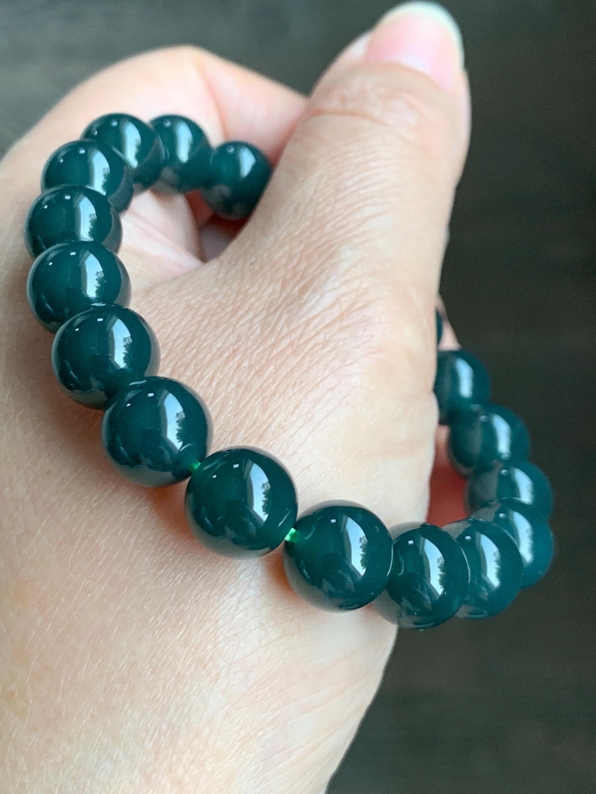 Natural Grade A Guatemalan Icy Translucent Dark Teal Blue Jade Jadeite Beaded Bracelet Stretchy 10mm 7” 32g 天然冰危深蓝绿翡翠圆珠手串 SWL250