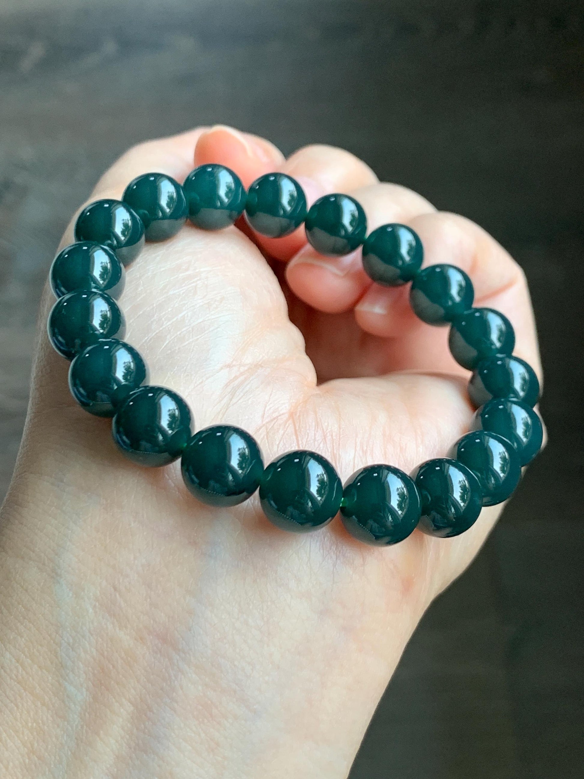 Natural Grade A Guatemalan Icy Translucent Dark Teal Blue Jade Jadeite Beaded Bracelet Stretchy 10mm 7” 32g 天然冰危深蓝绿翡翠圆珠手串 SWL250