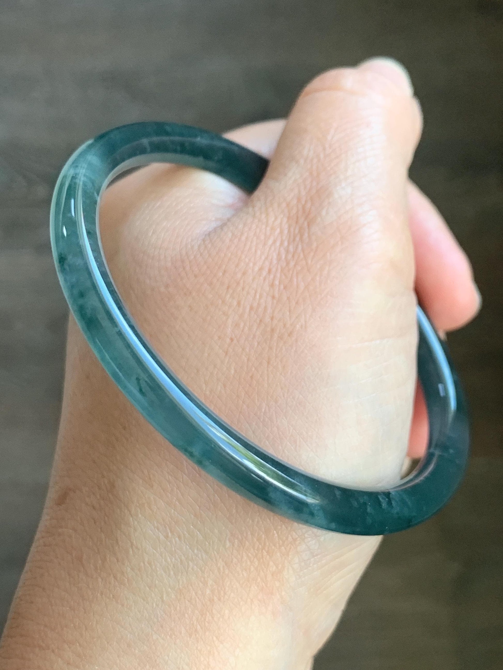 Certified Natural Grade A Guatemalan Icy Highly Translucent Dark Teal Blue Marbled Jade Jadeite Bangle 60.5mm 7.47” 天然冰胶危深蓝飘花翡翠细圆条手镯 8788
