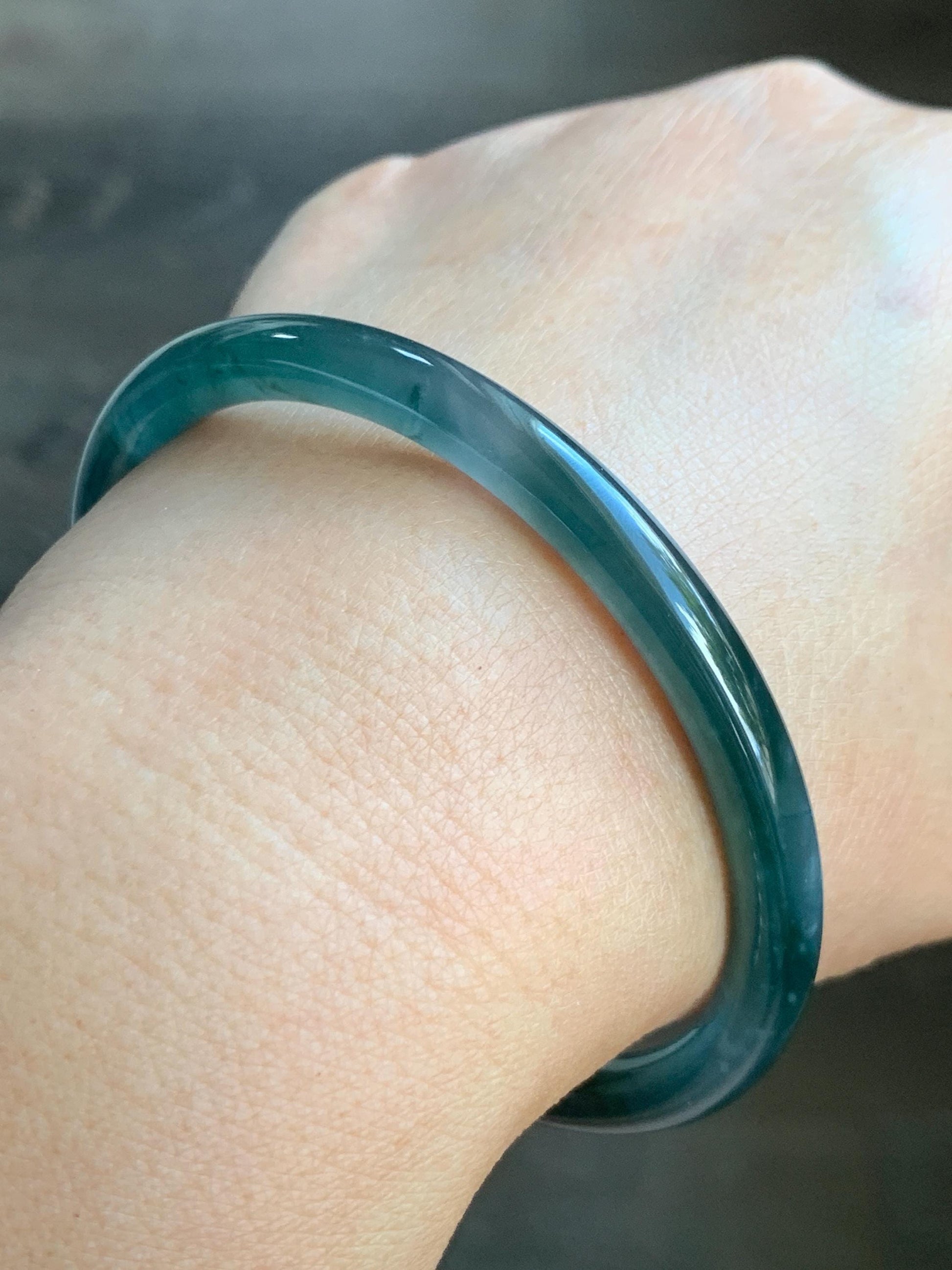 Certified Natural Grade A Guatemalan Icy Highly Translucent Dark Teal Blue Marbled Jade Jadeite Bangle 60.5mm 7.47” 天然冰胶危深蓝飘花翡翠细圆条手镯 8788