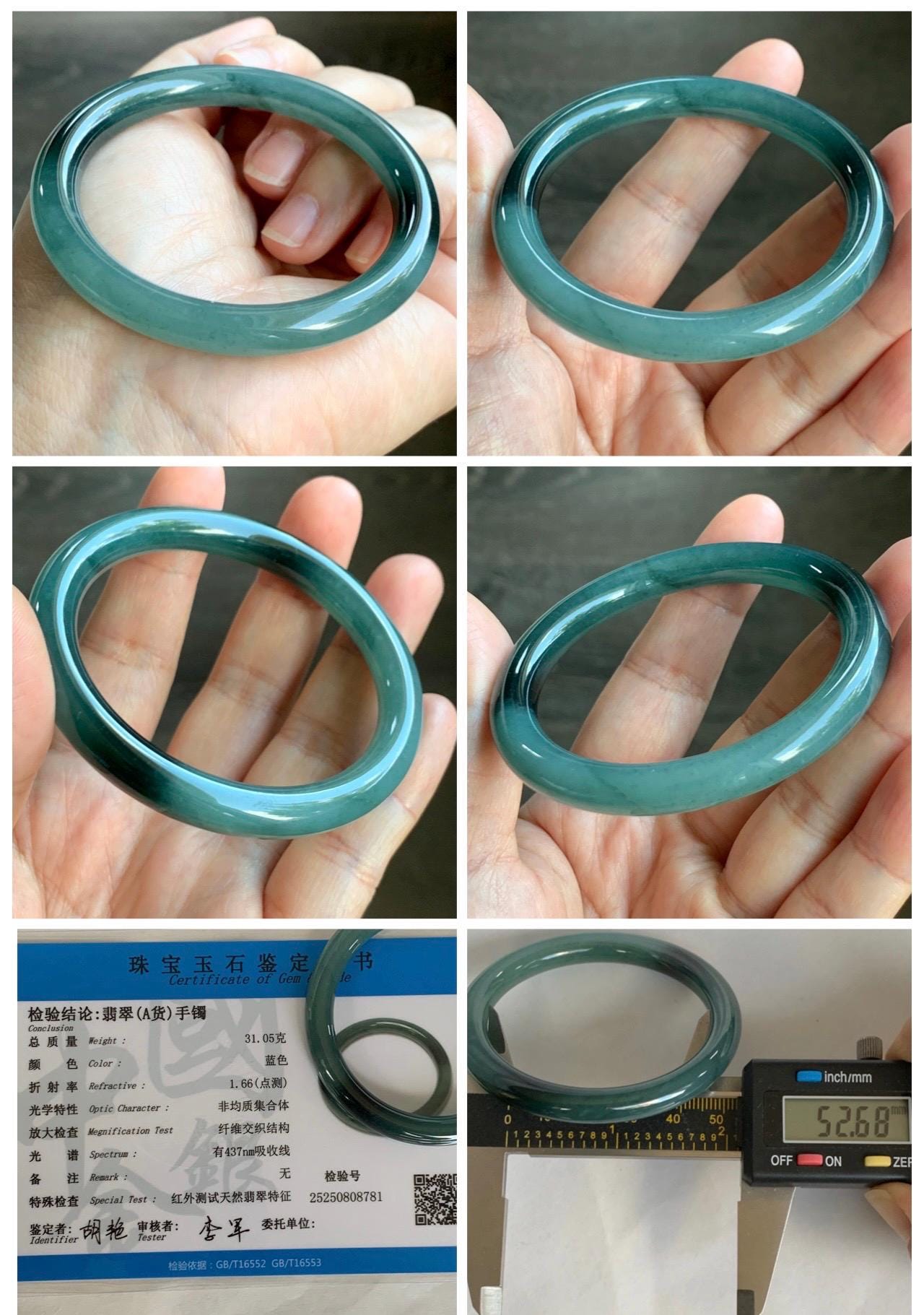 Certified Natural Grade A Guatemalan Icy Translucent Dark Teal Blue Marbled Jade Jadeite Bangle 52.68mm 6.5” 31g 天然冰危蓝飘花翡翠圆条手镯 8781
