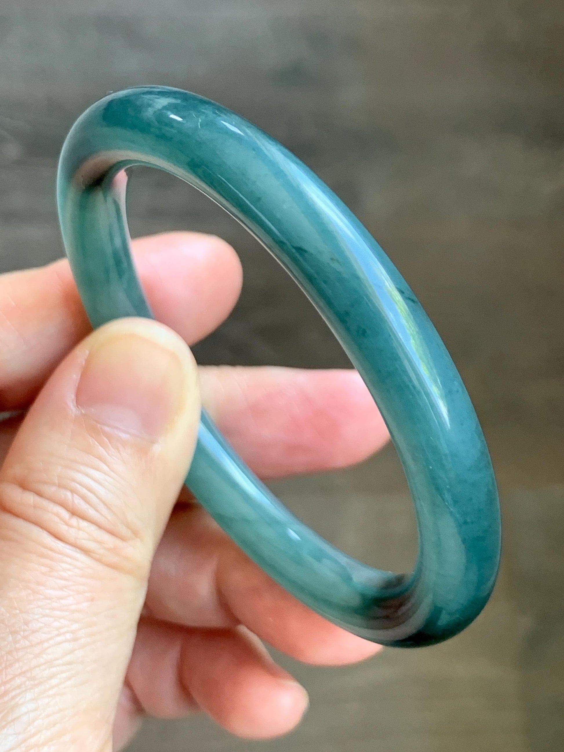 Certified Natural Grade A Guatemalan Icy Translucent Dark Teal Blue Marbled Jade Jadeite Bangle 52.68mm 6.5” 31g 天然冰危蓝飘花翡翠圆条手镯 8781