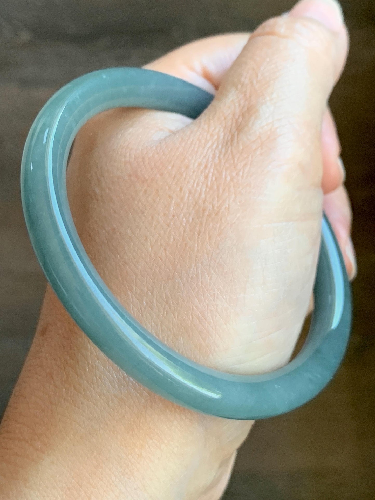 Certified Natural Grade A Guatemalan Icy Translucent Dark Dusty Teal Jade Jadeite Bangle 59.4mm 7.34” 31.75g 天然冰危蓝翡翠圆条手镯 8782