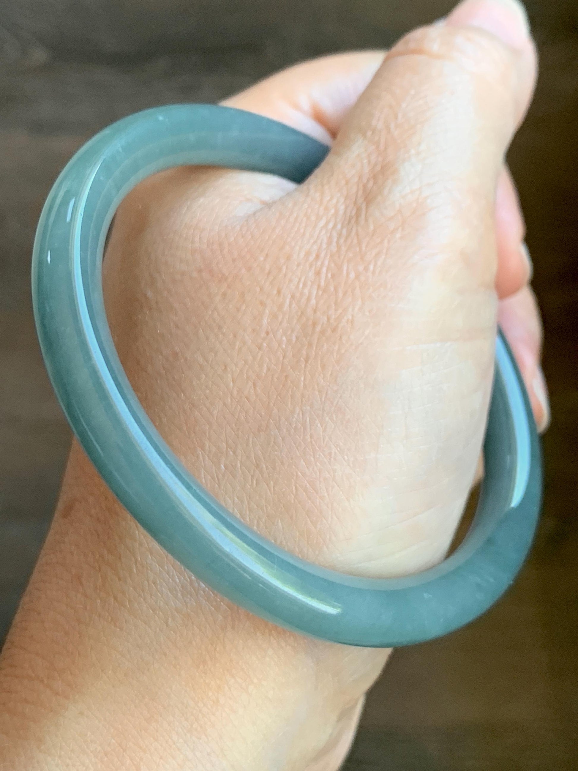 Certified Natural Grade A Guatemalan Icy Translucent Dark Dusty Teal Jade Jadeite Bangle 59.4mm 7.34” 31.75g 天然冰危蓝翡翠圆条手镯 8782