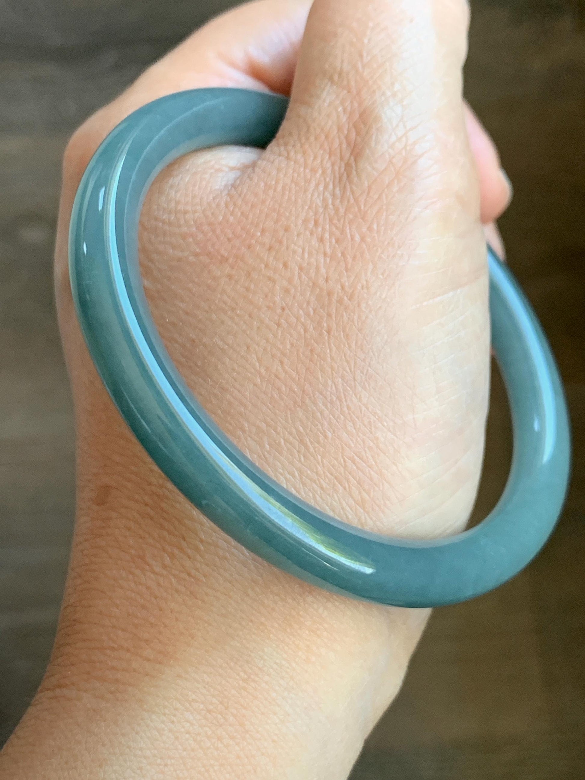 Certified Natural Grade A Guatemalan Icy Translucent Dark Dusty Teal Jade Jadeite Bangle 59.4mm 7.34” 31.75g 天然冰危蓝翡翠圆条手镯 8782