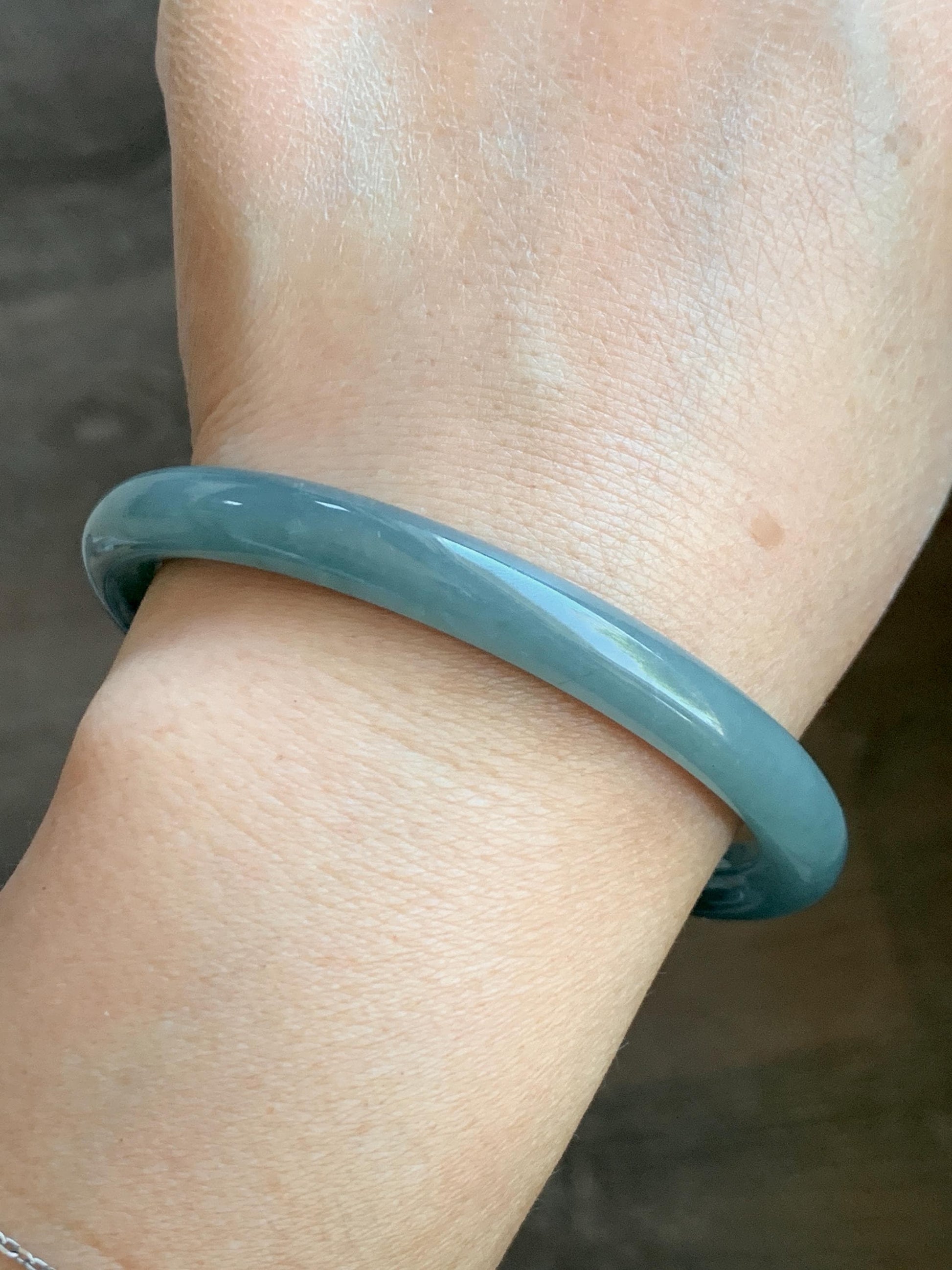 Certified Natural Grade A Guatemalan Icy Translucent Dark Dusty Teal Jade Jadeite Bangle 59.4mm 7.34” 31.75g 天然冰危蓝翡翠圆条手镯 8782