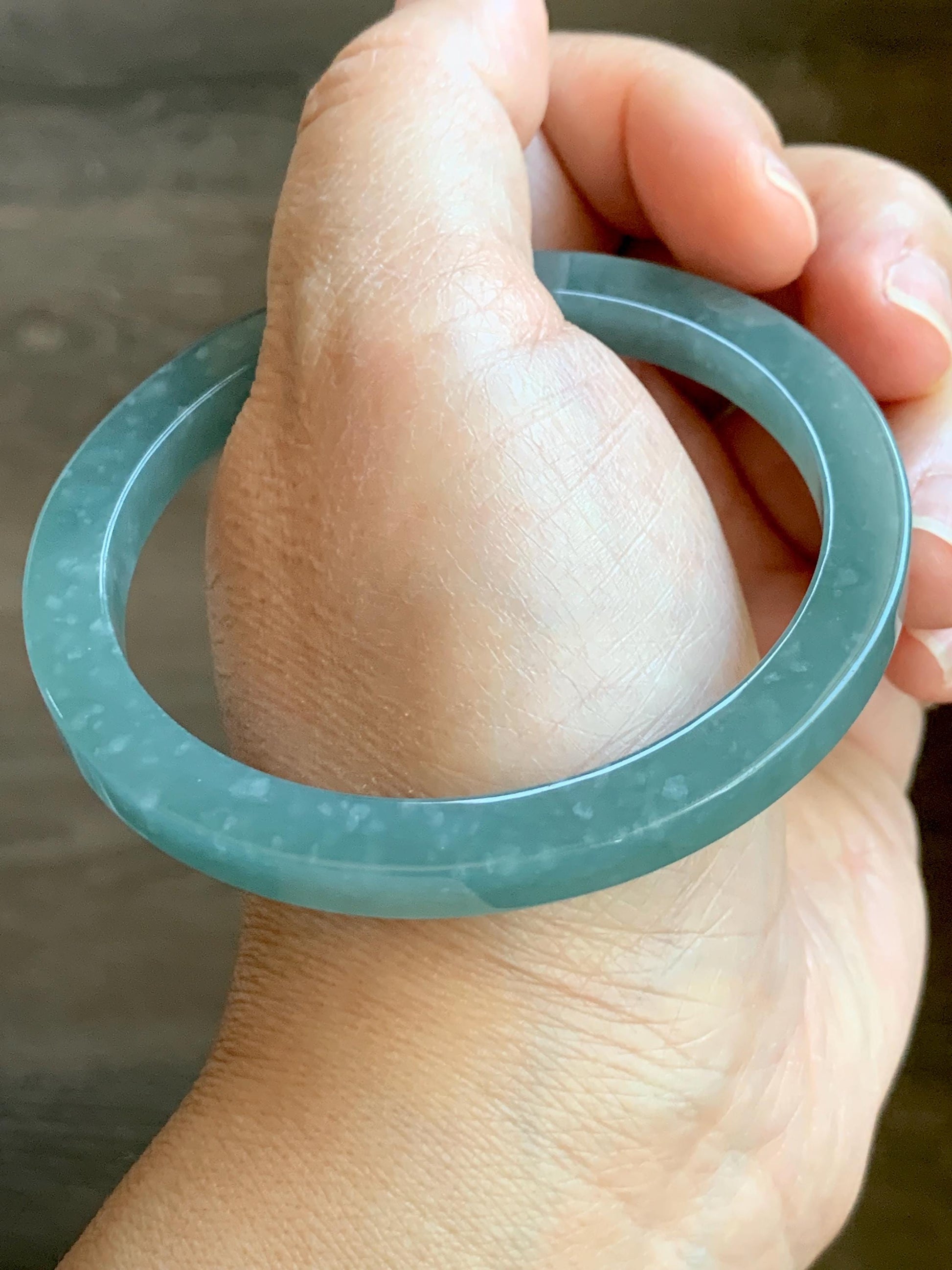 Certified Natural Grade A Guatemalan Icy Translucent Dusty Teal Blue Jade Jadeite Square Edged Bangle 57.76mm 7.14” 27g 天然冰胶危蓝翡翠方镯手镯 8807