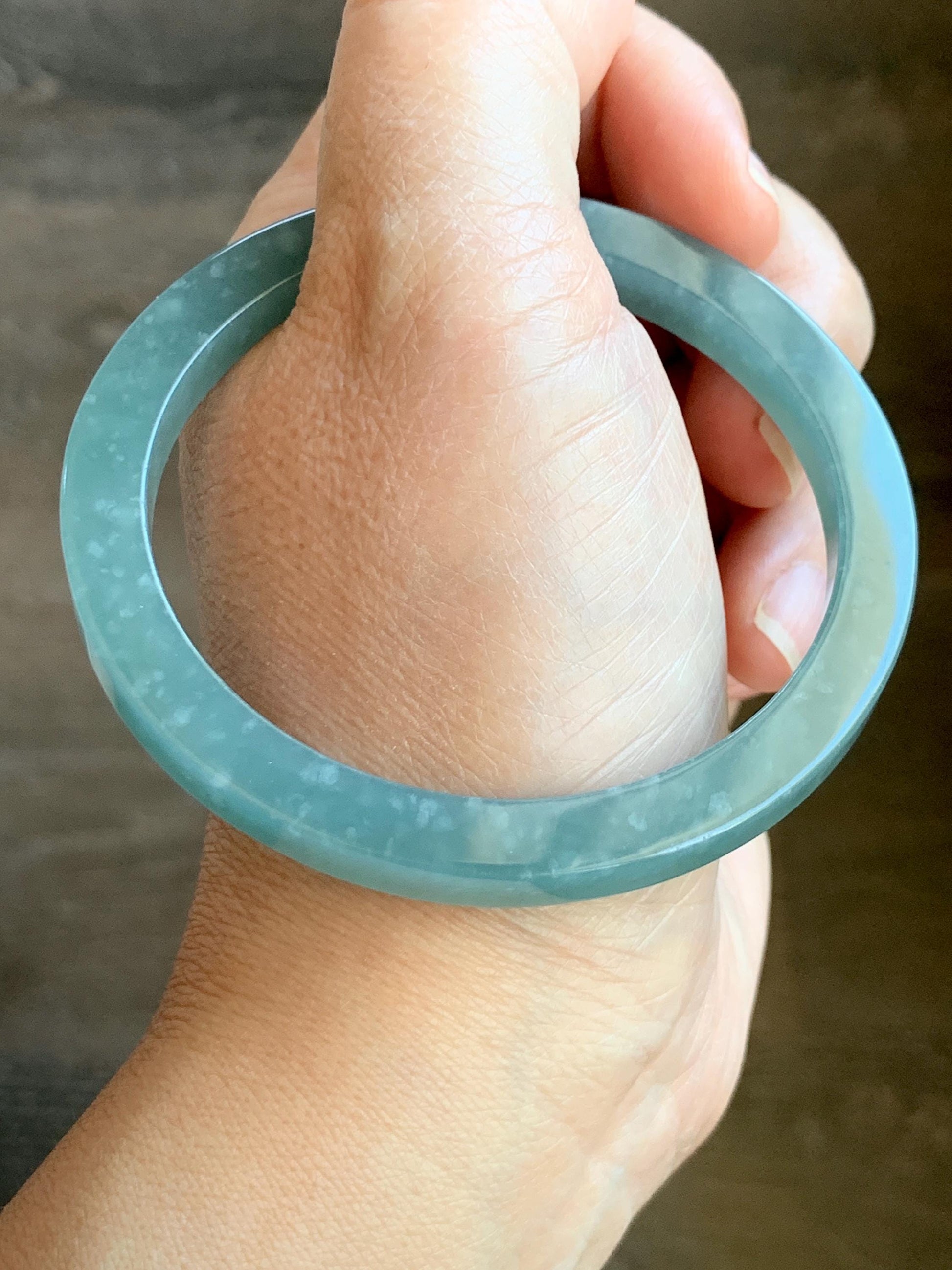 Certified Natural Grade A Guatemalan Icy Translucent Dusty Teal Blue Jade Jadeite Square Edged Bangle 57.76mm 7.14” 27g 天然冰胶危蓝翡翠方镯手镯 8807