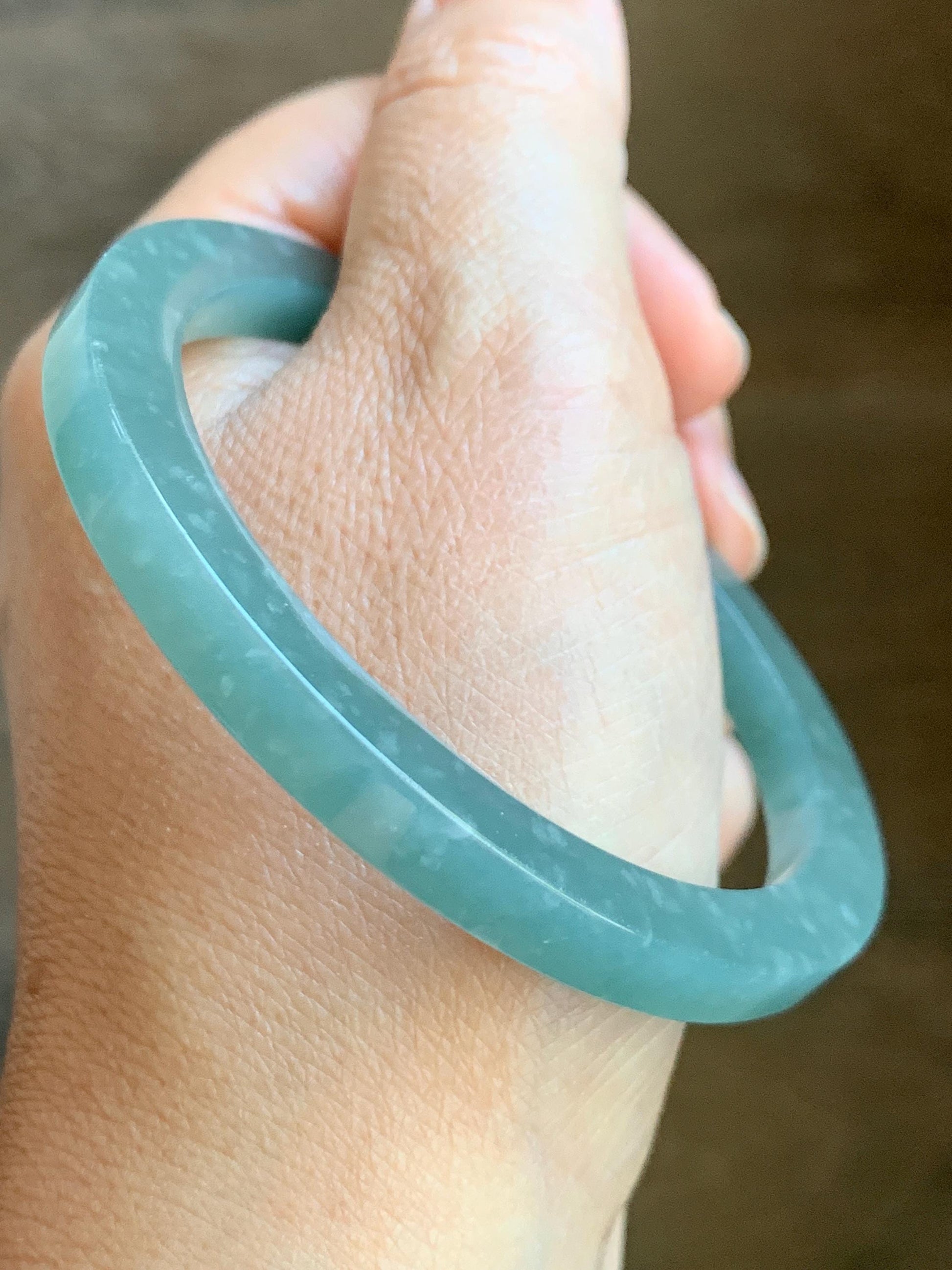 Certified Natural Grade A Guatemalan Icy Translucent Dusty Teal Blue Jade Jadeite Square Edged Bangle 57.76mm 7.14” 27g 天然冰胶危蓝翡翠方镯手镯 8807