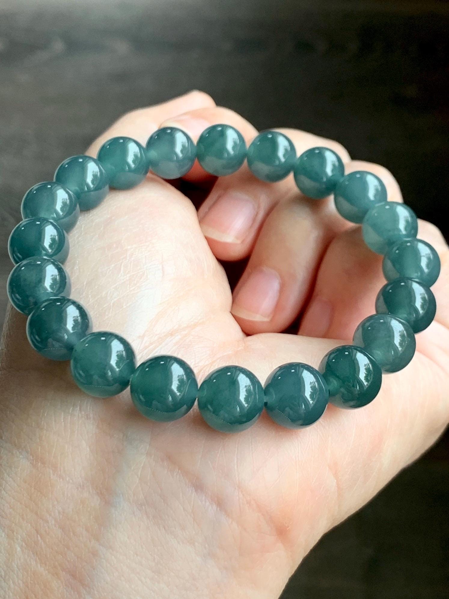 Natural Grade A Guatemalan Icy Translucent Dark Teal Blue Jade Jadeite Beaded Bracelet Stretchy 9.9mm 7.5” 34g 天然冰危深蓝翡翠圆珠手串 LZW330A
