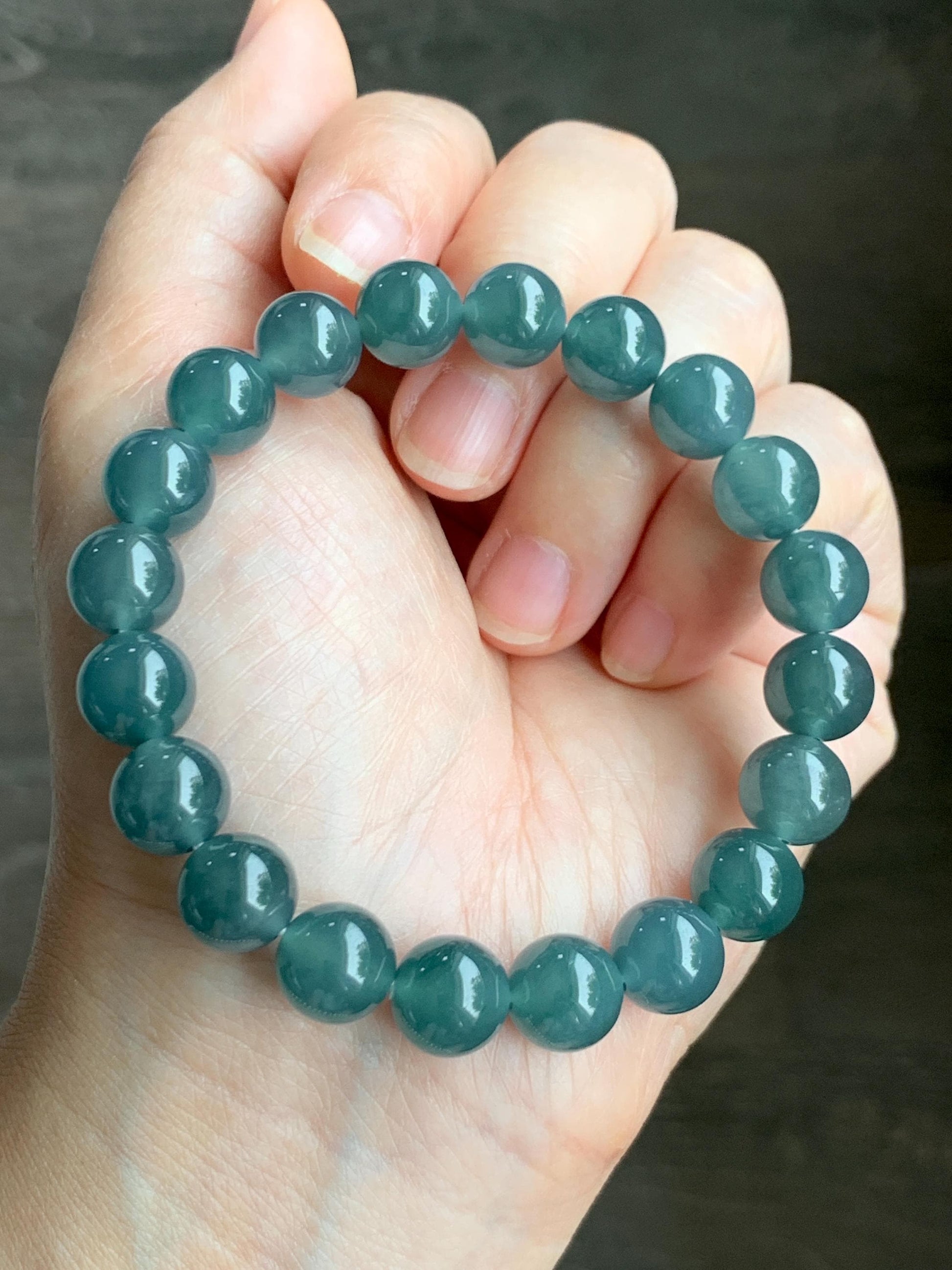 Natural Grade A Guatemalan Icy Translucent Dark Teal Blue Jade Jadeite Beaded Bracelet Stretchy 9.9mm 7.5” 34g 天然冰危深蓝翡翠圆珠手串 LZW330A