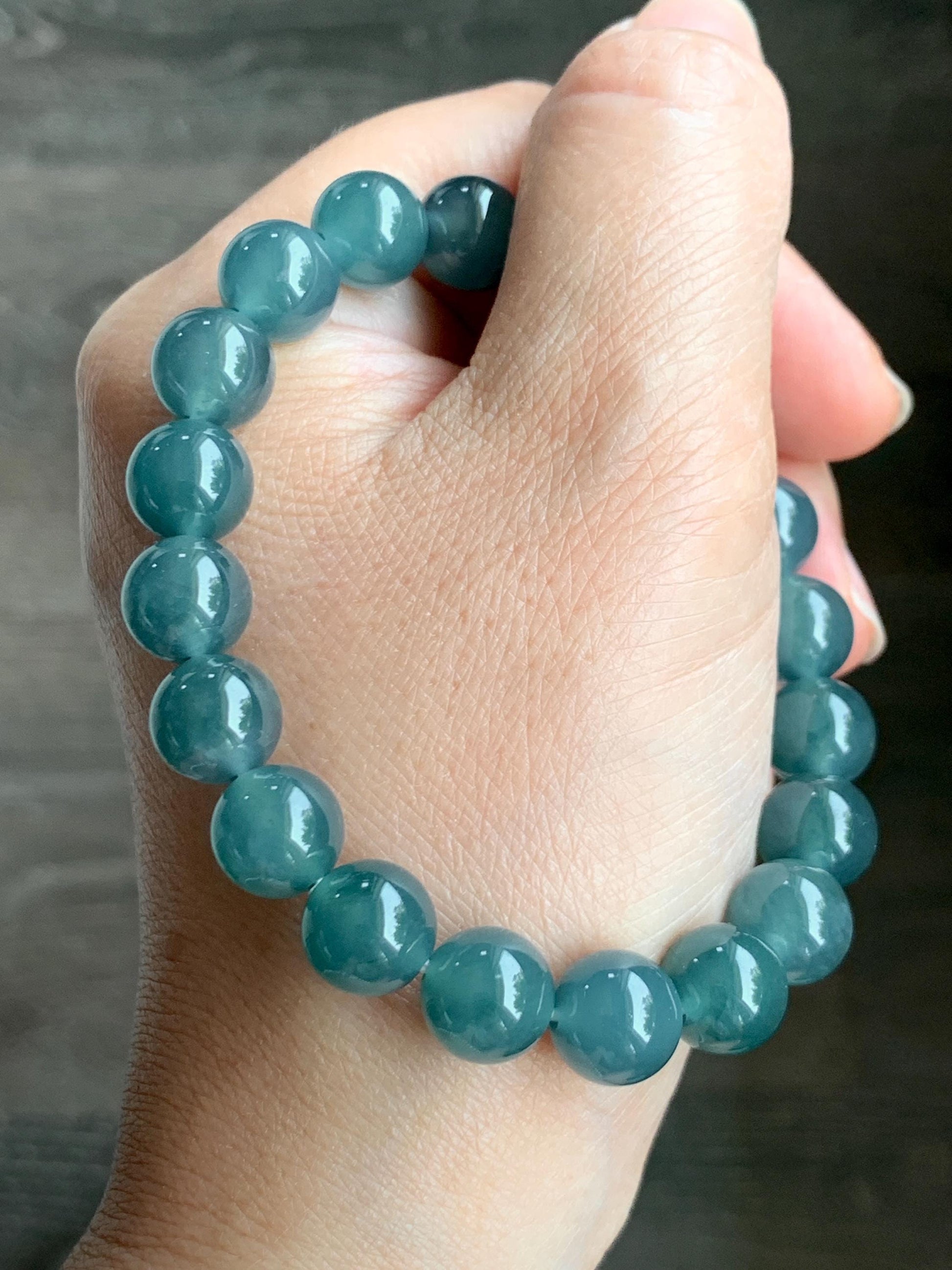 Natural Grade A Guatemalan Icy Translucent Dark Teal Blue Jade Jadeite Beaded Bracelet Stretchy 9.9mm 7.5” 34g 天然冰危深蓝翡翠圆珠手串 LZW330A